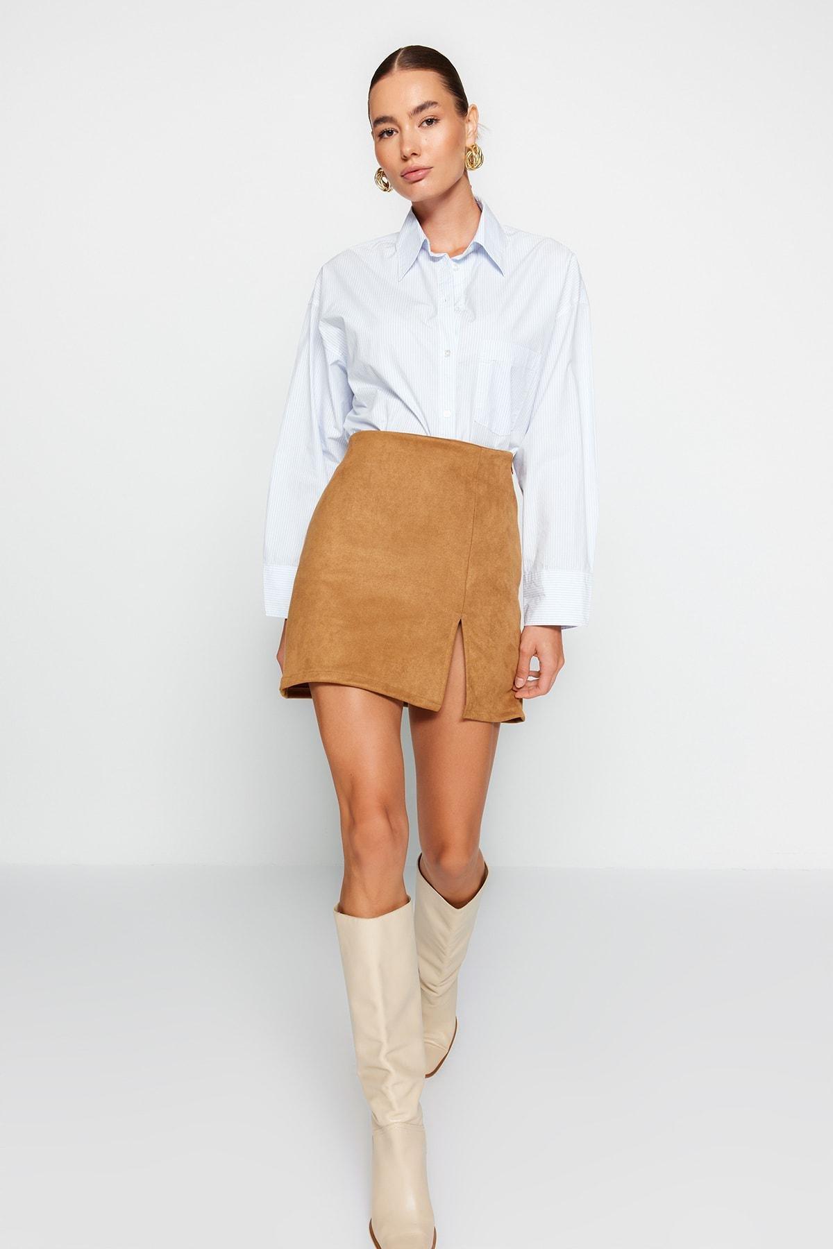 Trendyol - Beige Slit Suede Knitted Mini Skirt