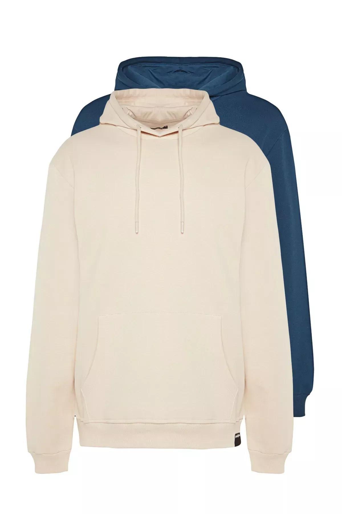Multicolour Hoodie Sweatshirt, Set Of 2, Navy Blue-Beige, medium