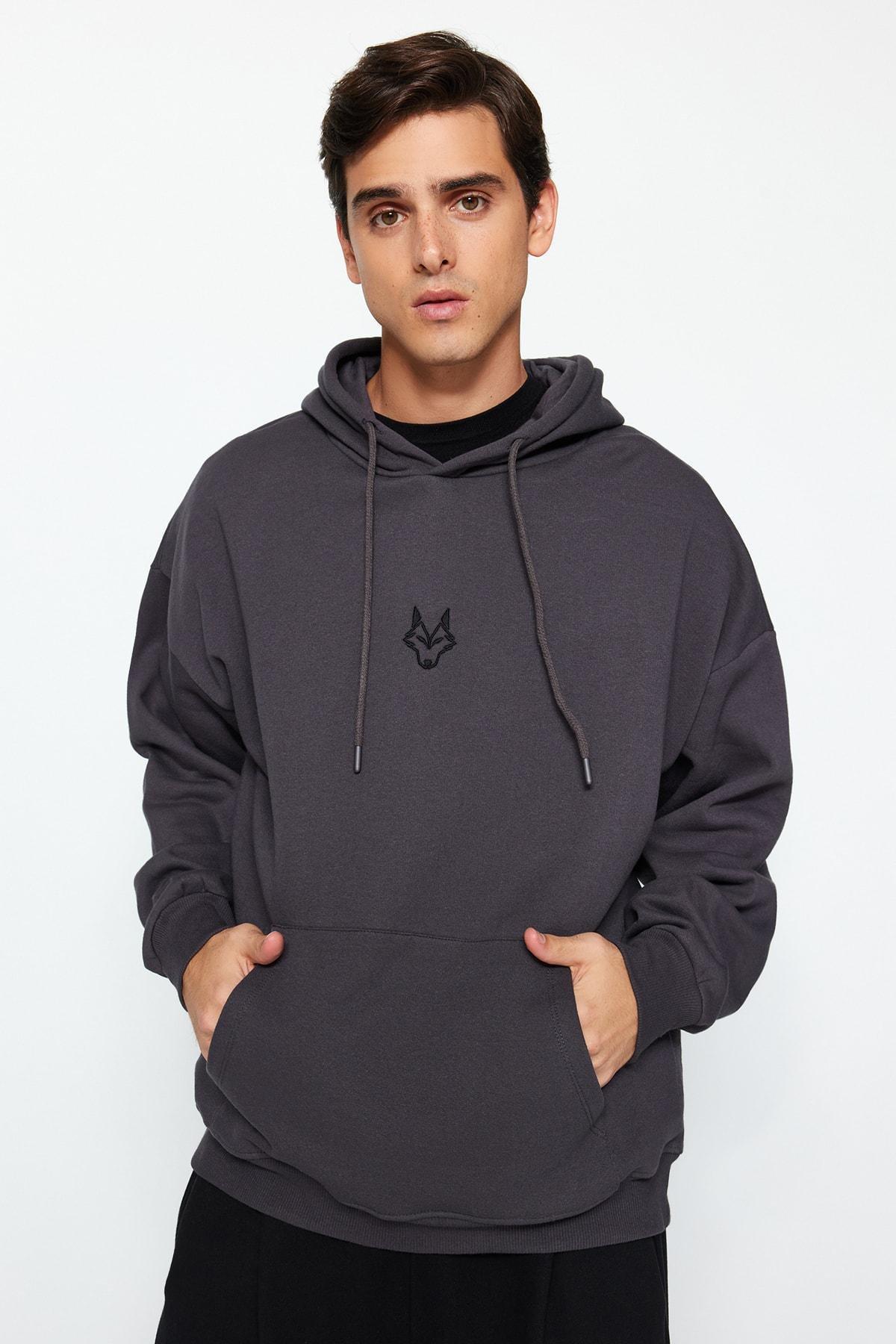 Grey Wolf Embroidered Hoodie, , medium