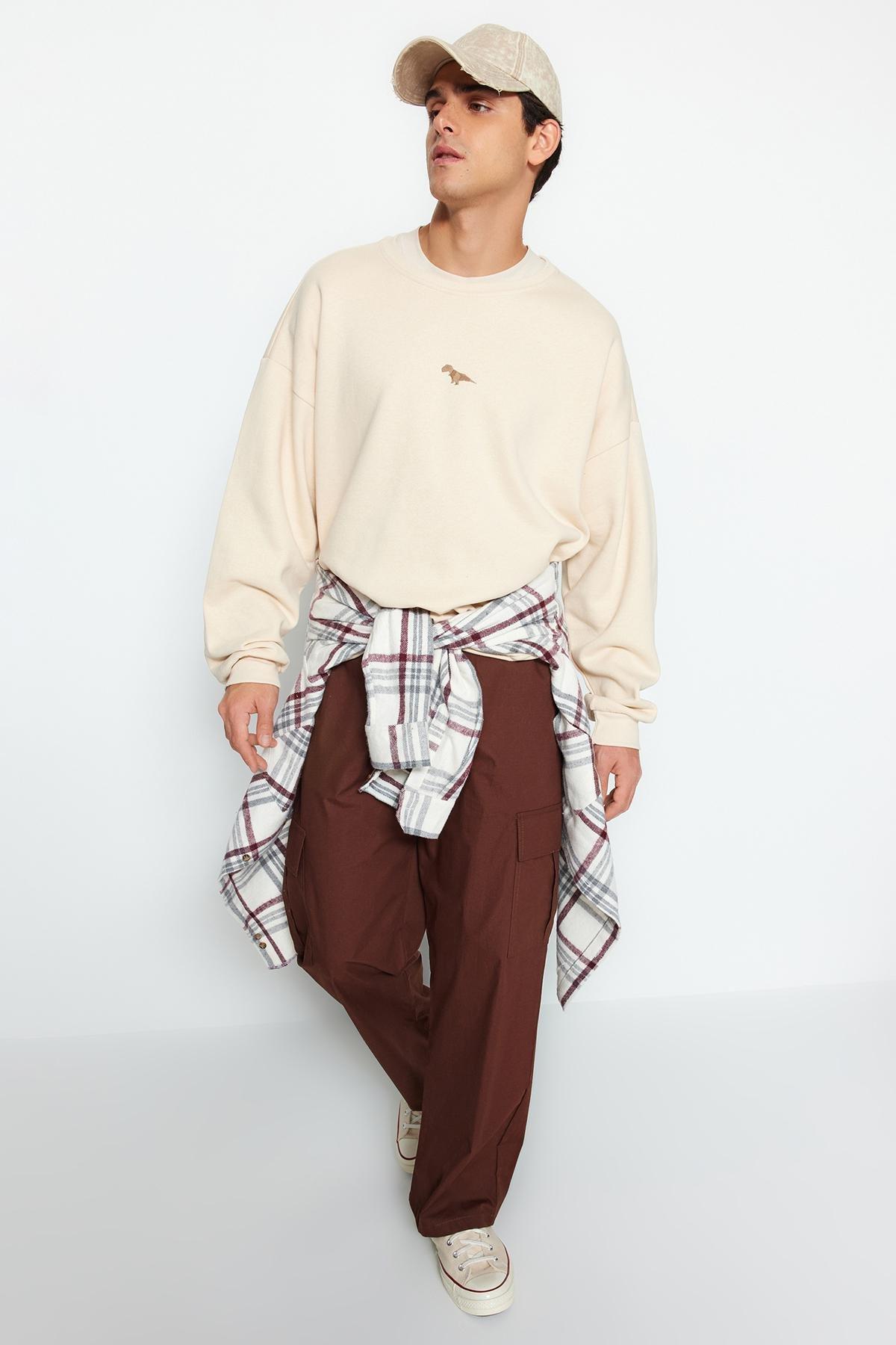 Beige Oversized Dinosaur Embroidered Sweatshirt, , medium