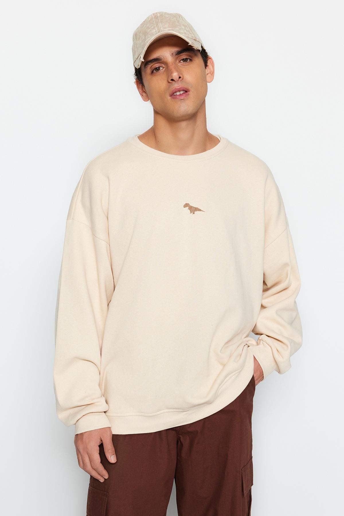 Beige Oversized Dinosaur Embroidered Sweatshirt, , large image number 1