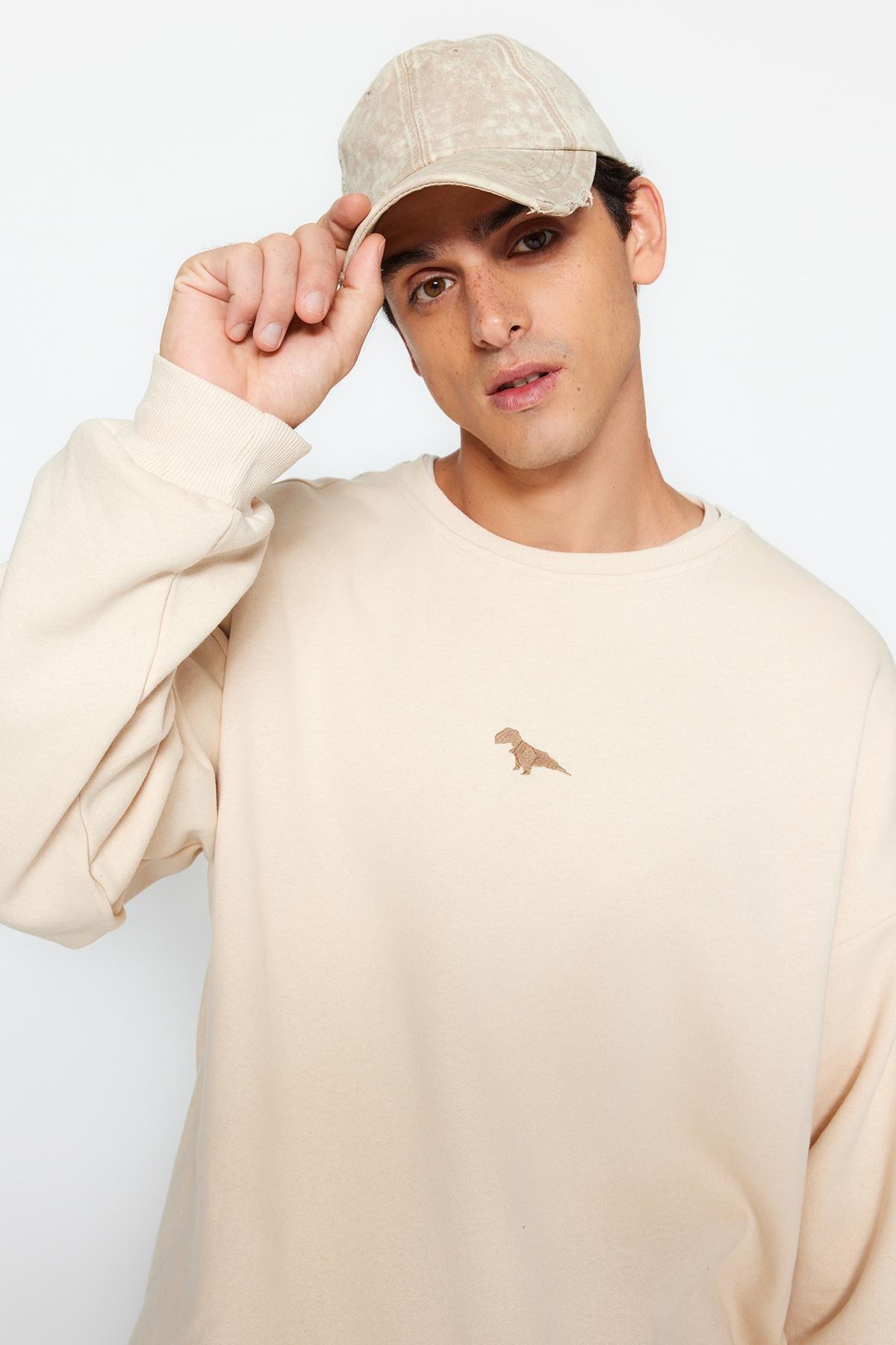 Beige Oversized Dinosaur Embroidered Sweatshirt, , large image number 2
