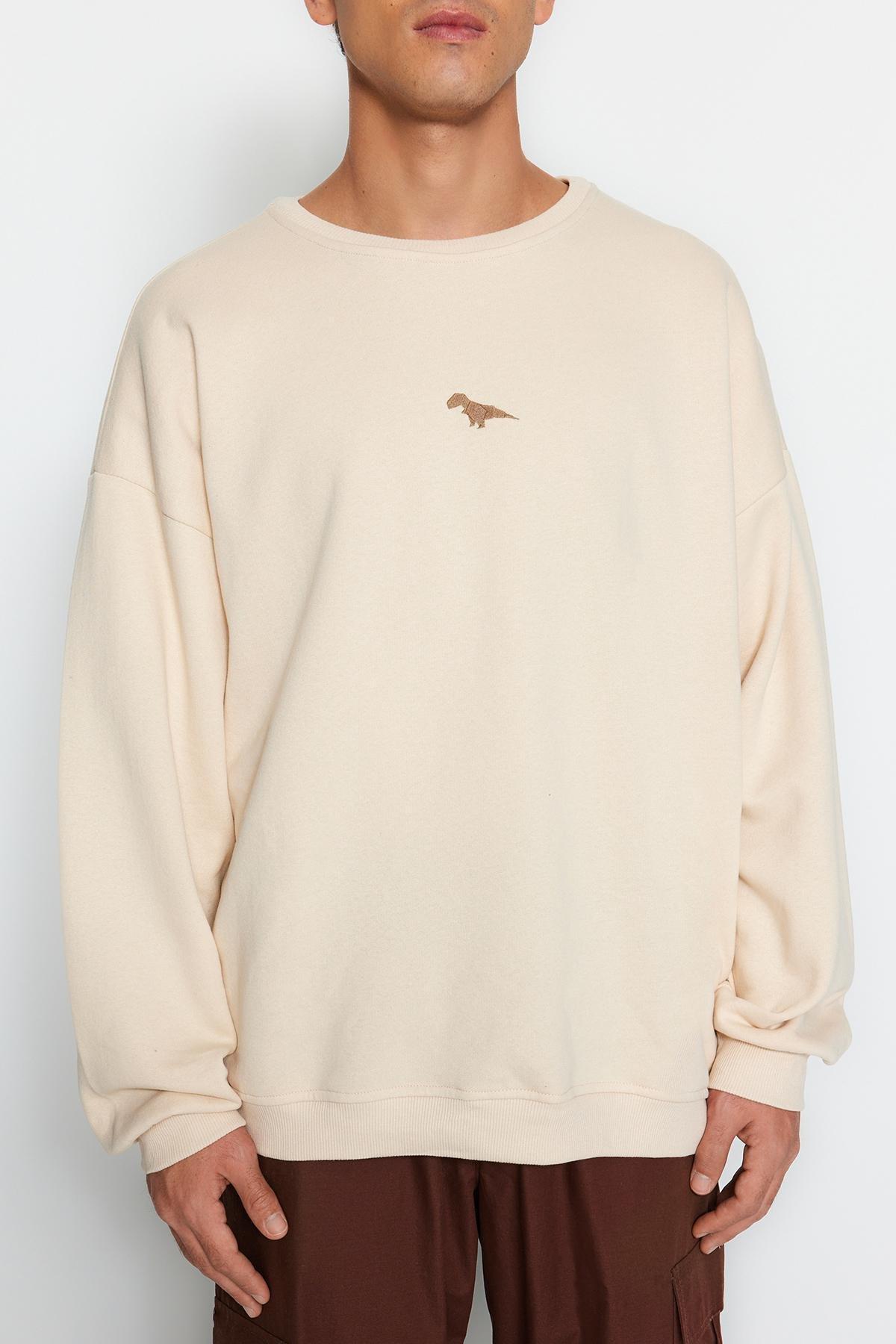 Beige Oversized Dinosaur Embroidered Sweatshirt, , large image number 3