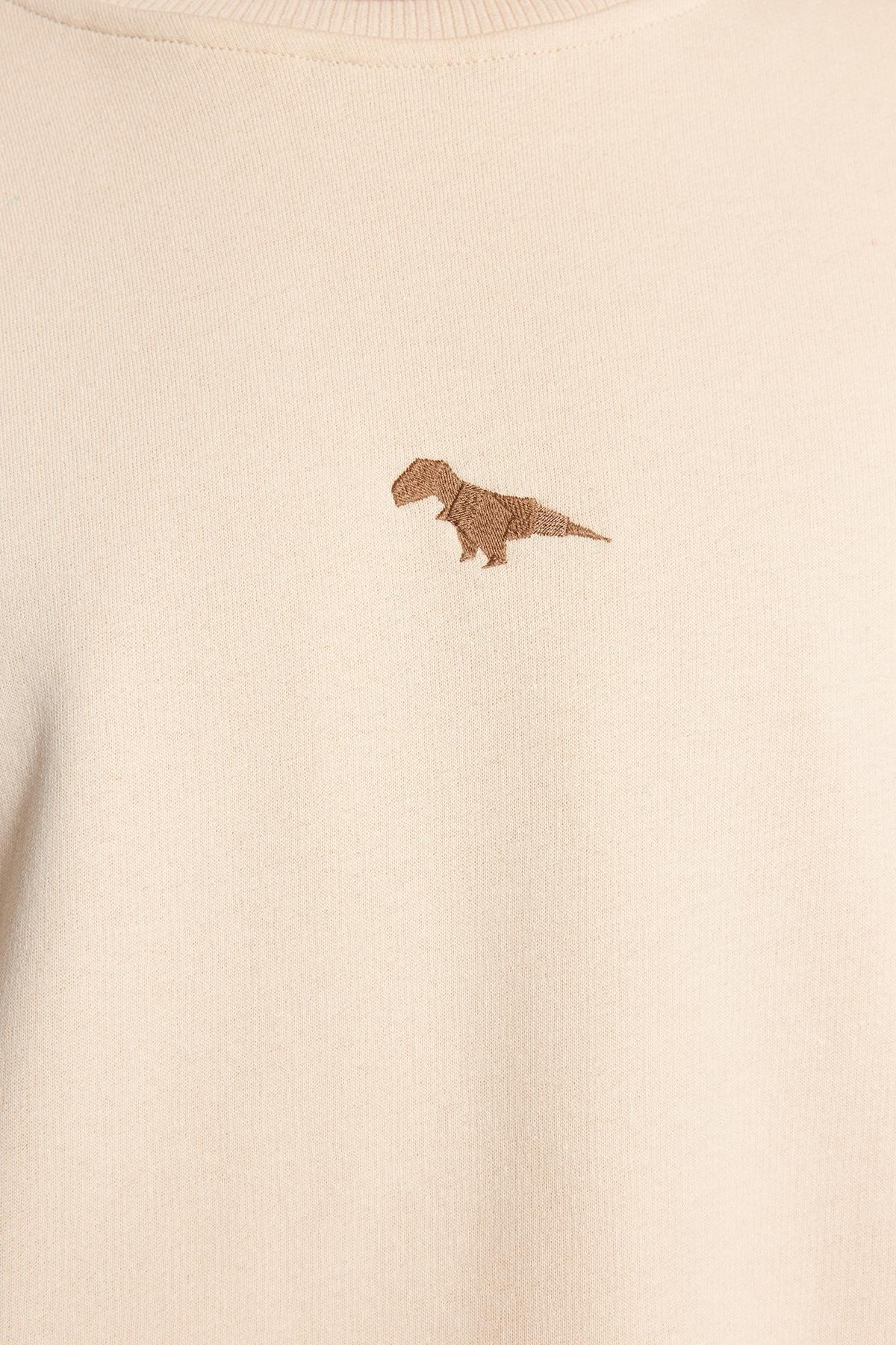 Beige Oversized Dinosaur Embroidered Sweatshirt, , large image number 4