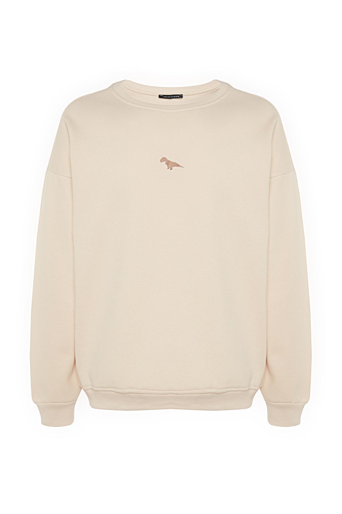 Beige Oversized Dinosaur Embroidered Sweatshirt, , large image number 5
