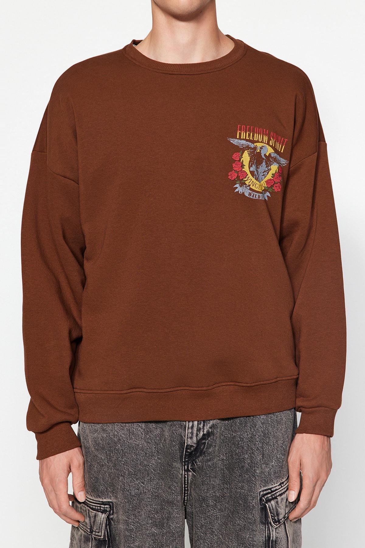 Trendyol - Brown Oversize Printed Fleece Sweatshirt.
