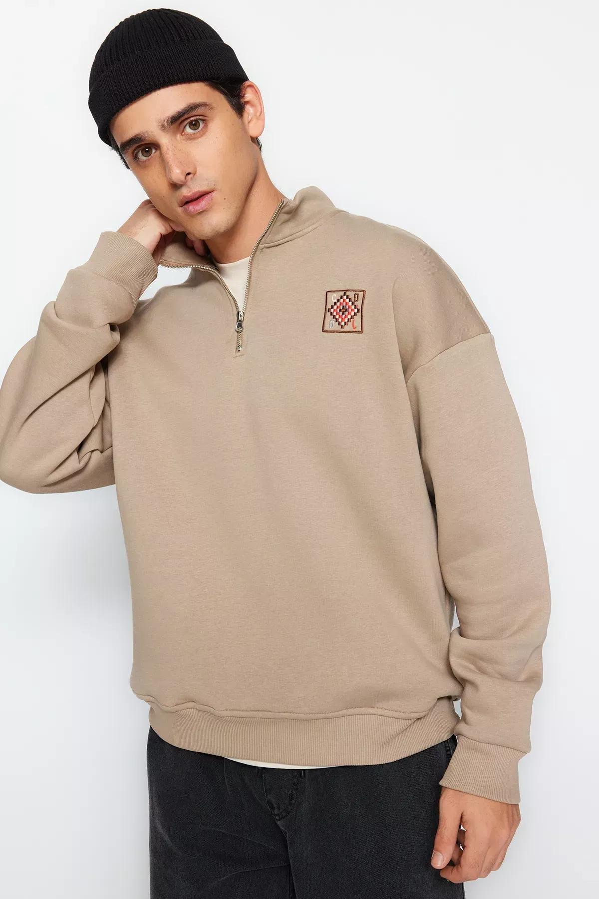Beige Zipper Collared Embraided Sweatshirt, , large image number 0