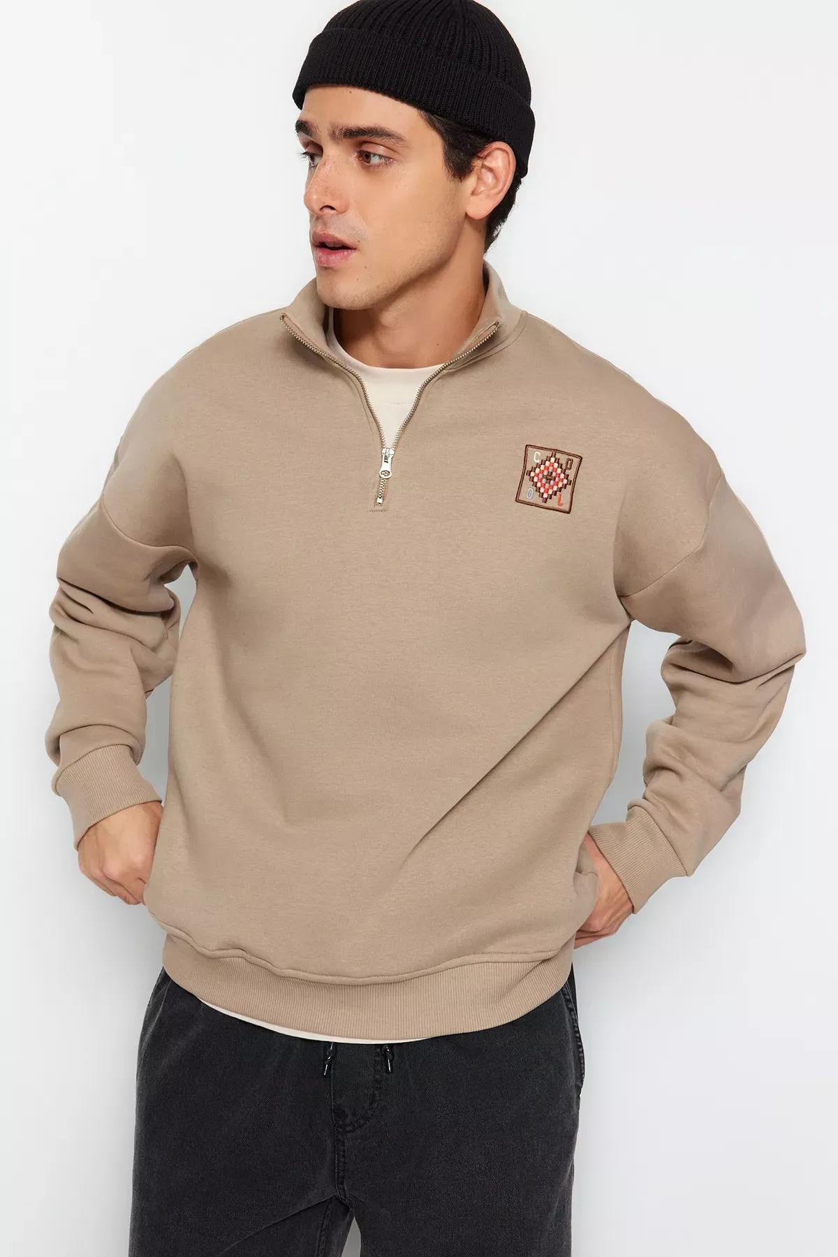 Beige Zipper Collared Embraided Sweatshirt, , large image number 1