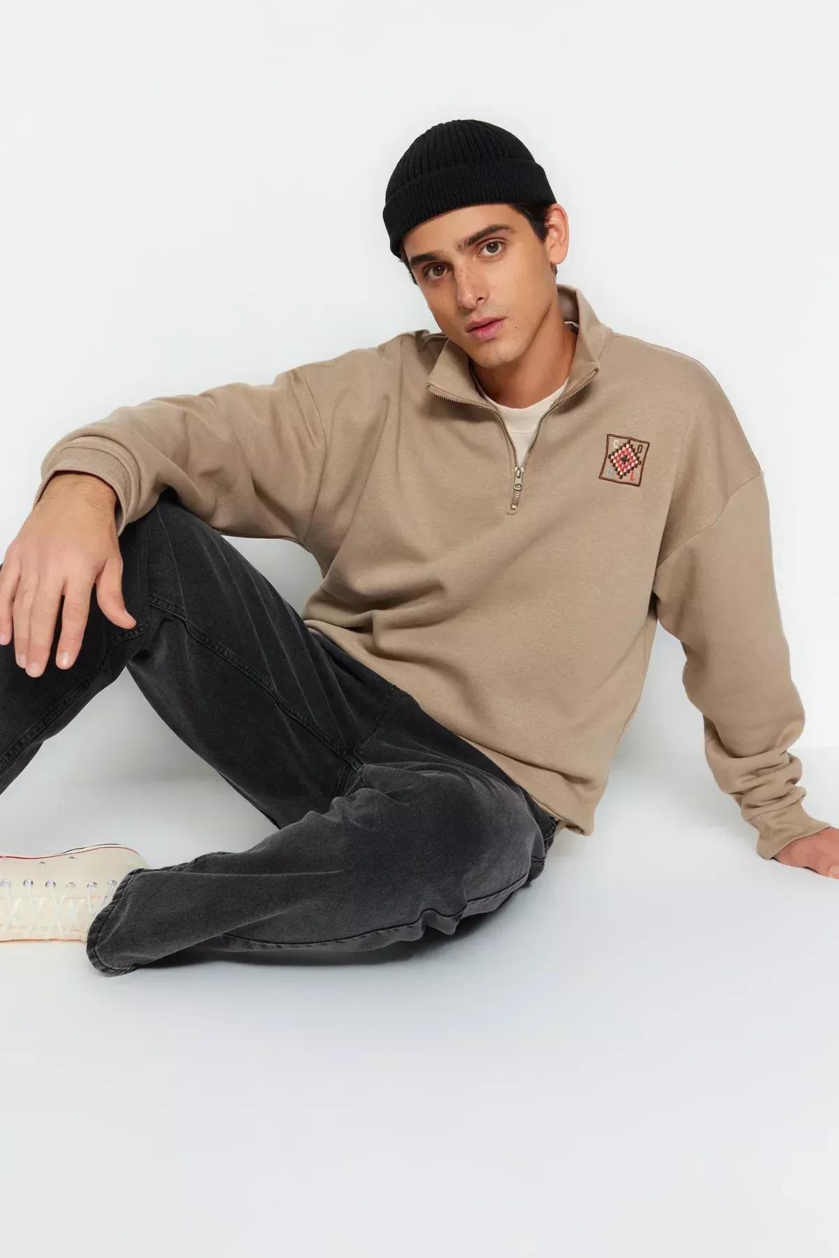Beige Zipper Collared Embraided Sweatshirt, , large image number 2