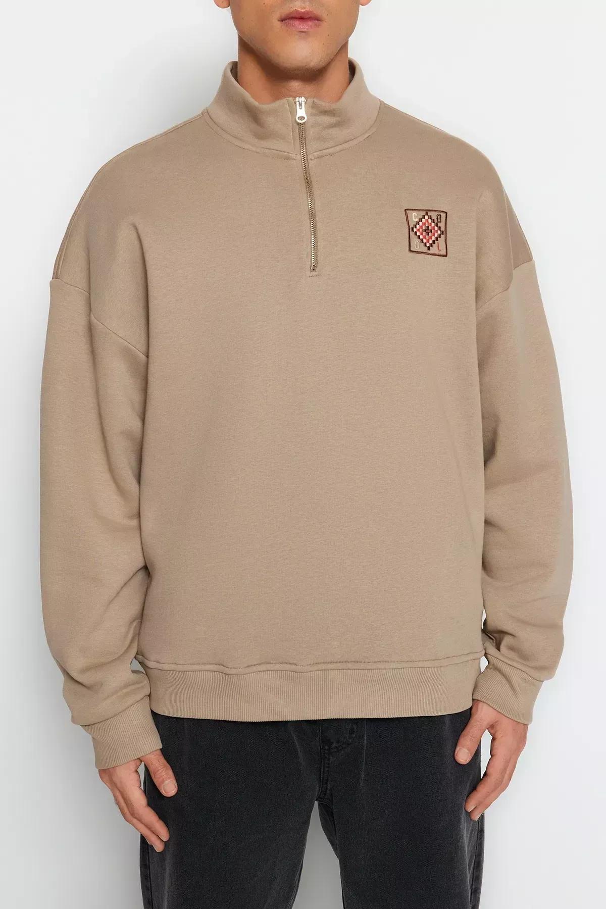 Beige Zipper Collared Embraided Sweatshirt, , large image number 3
