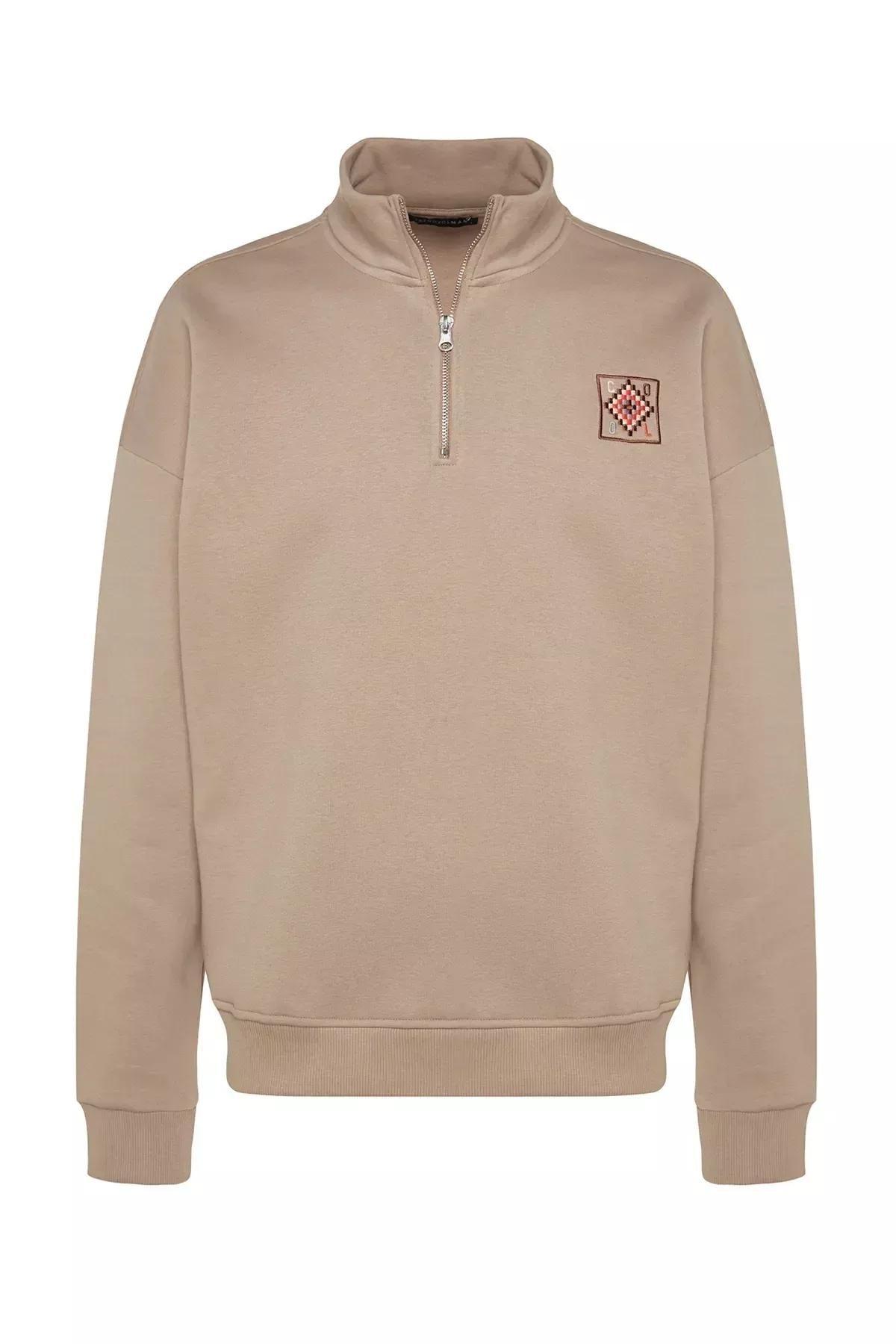 Beige Zipper Collared Embraided Sweatshirt, , large image number 5
