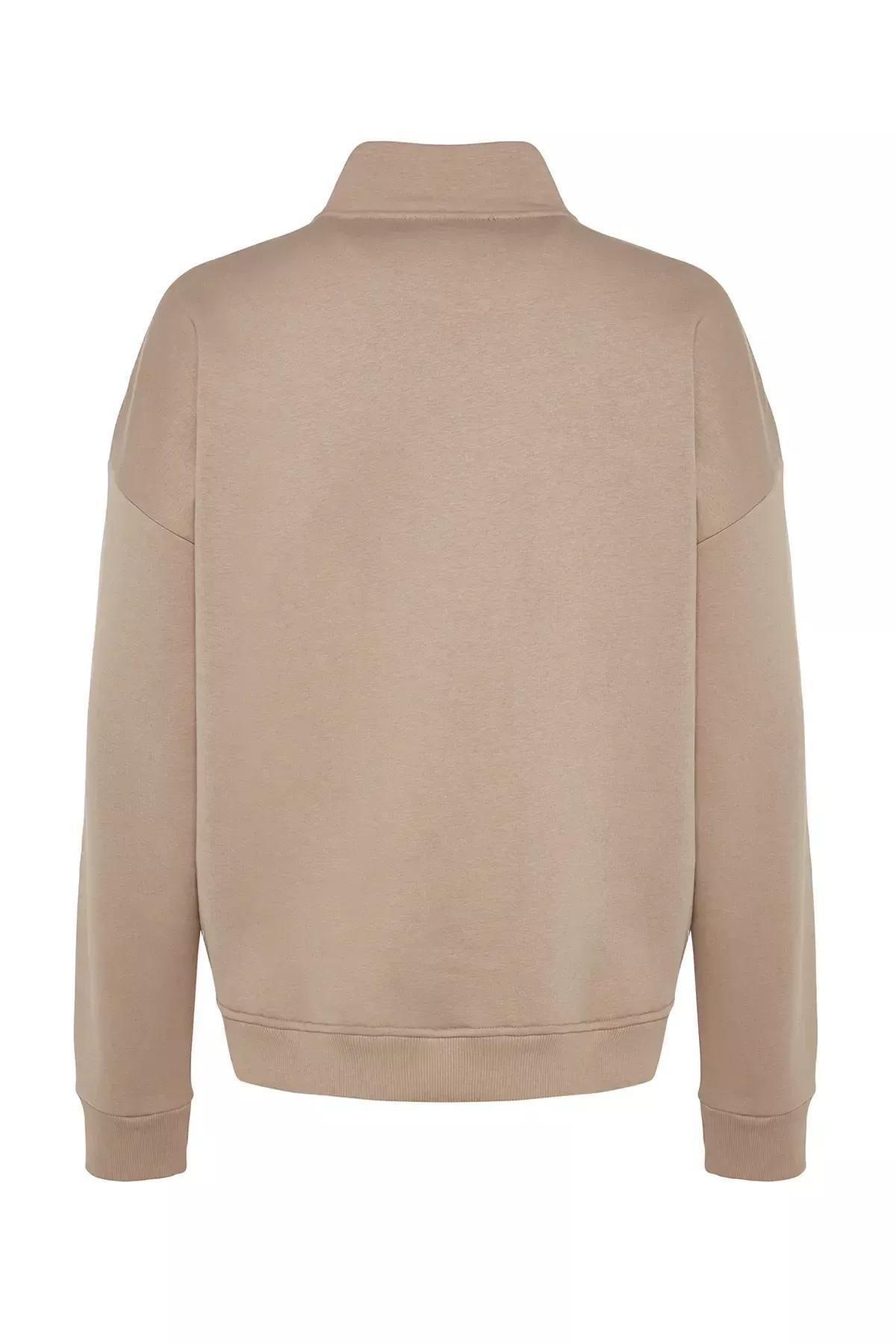Beige Zipper Collared Embraided Sweatshirt, , large image number 7