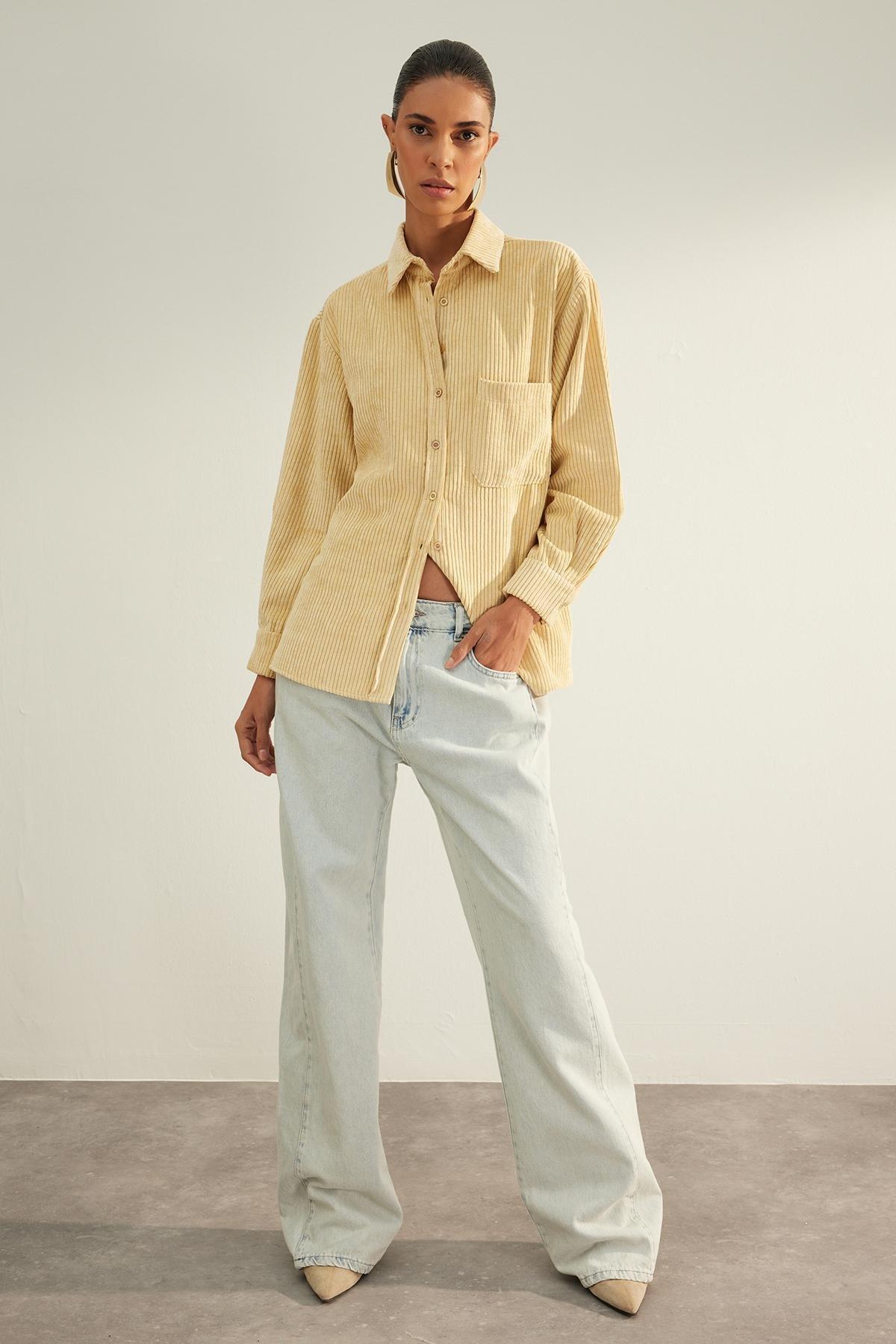 Trendyol - Beige Pocket Boyfriend Knitted Shirt