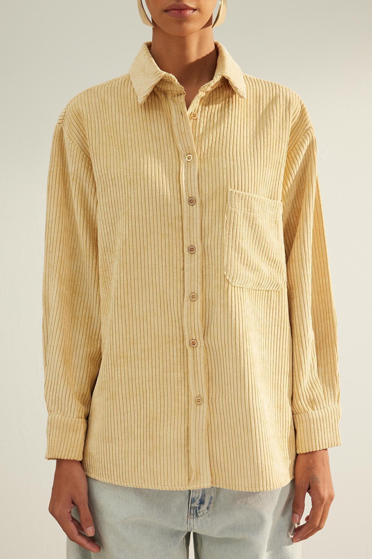 Trendyol - Beige Pocket Boyfriend Knitted Shirt