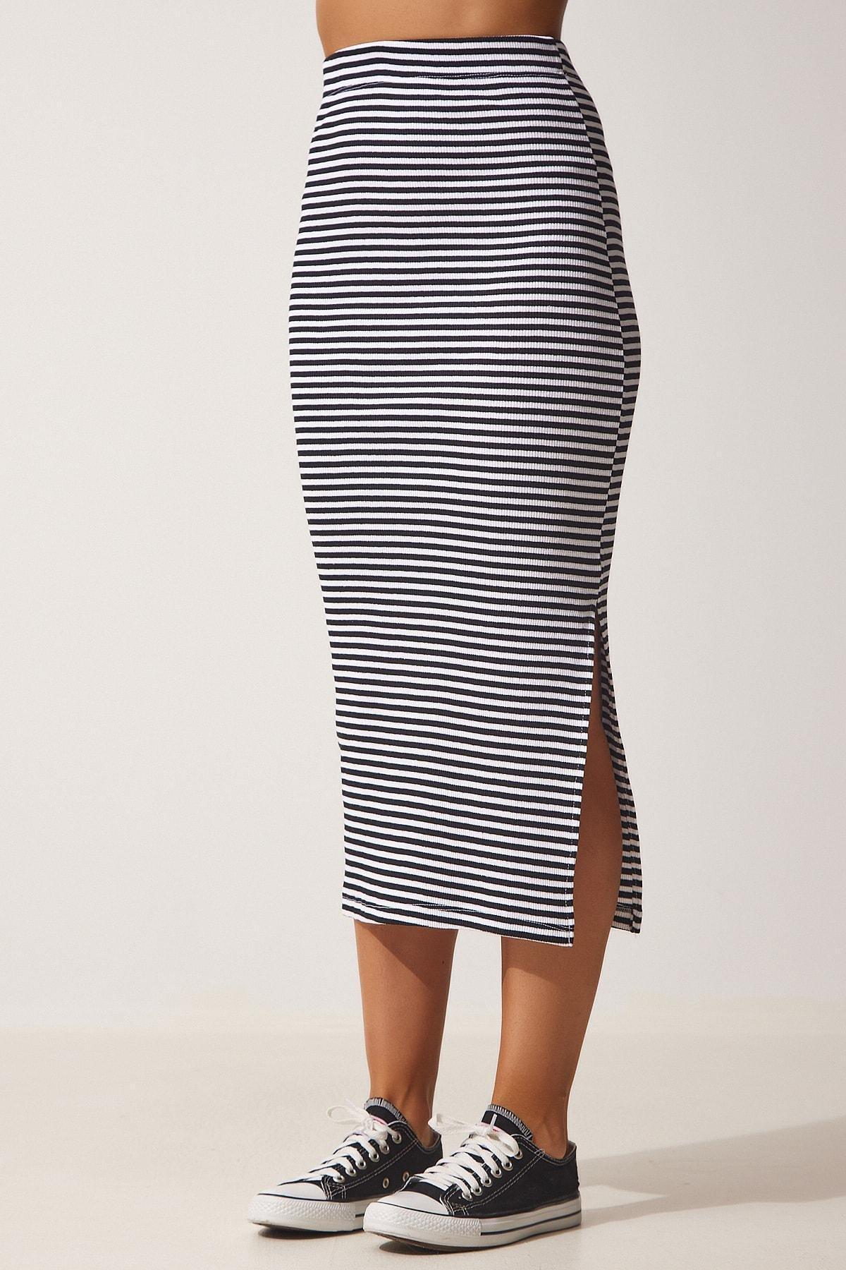 Multicolour Slit Wrap Knitted Skirt, BLACK WHITE, large image number 1