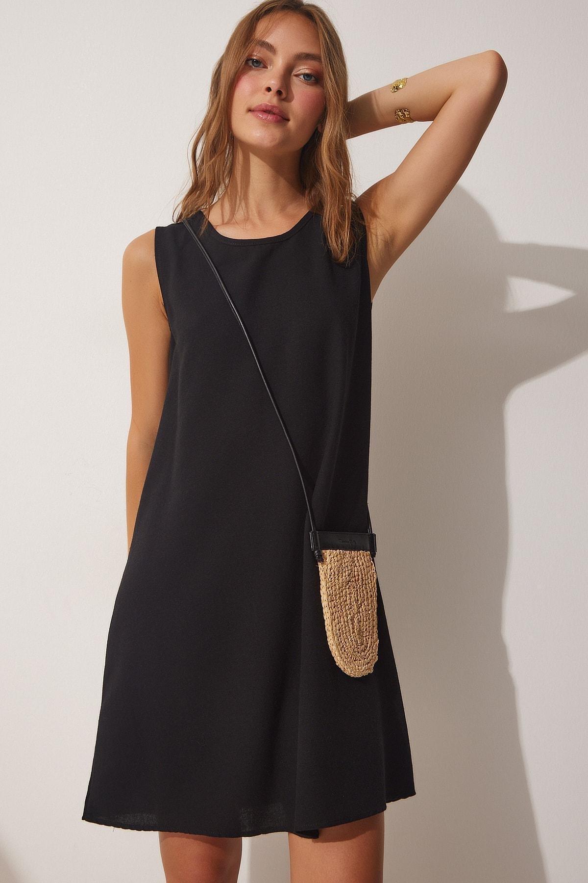 Black Linen A-Line Dress, , medium