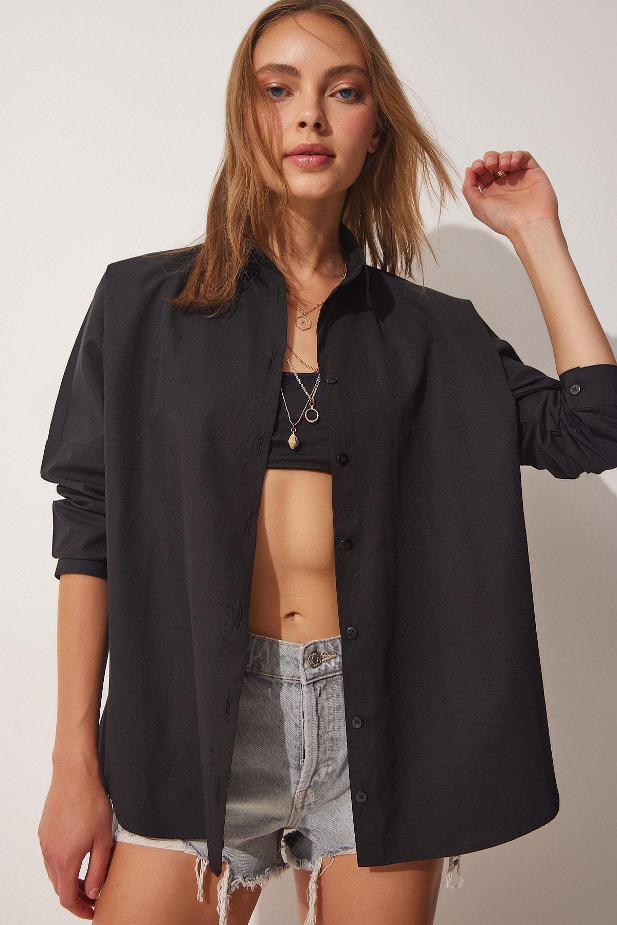 Black Oversize Poplin Shirt, , large image number 0