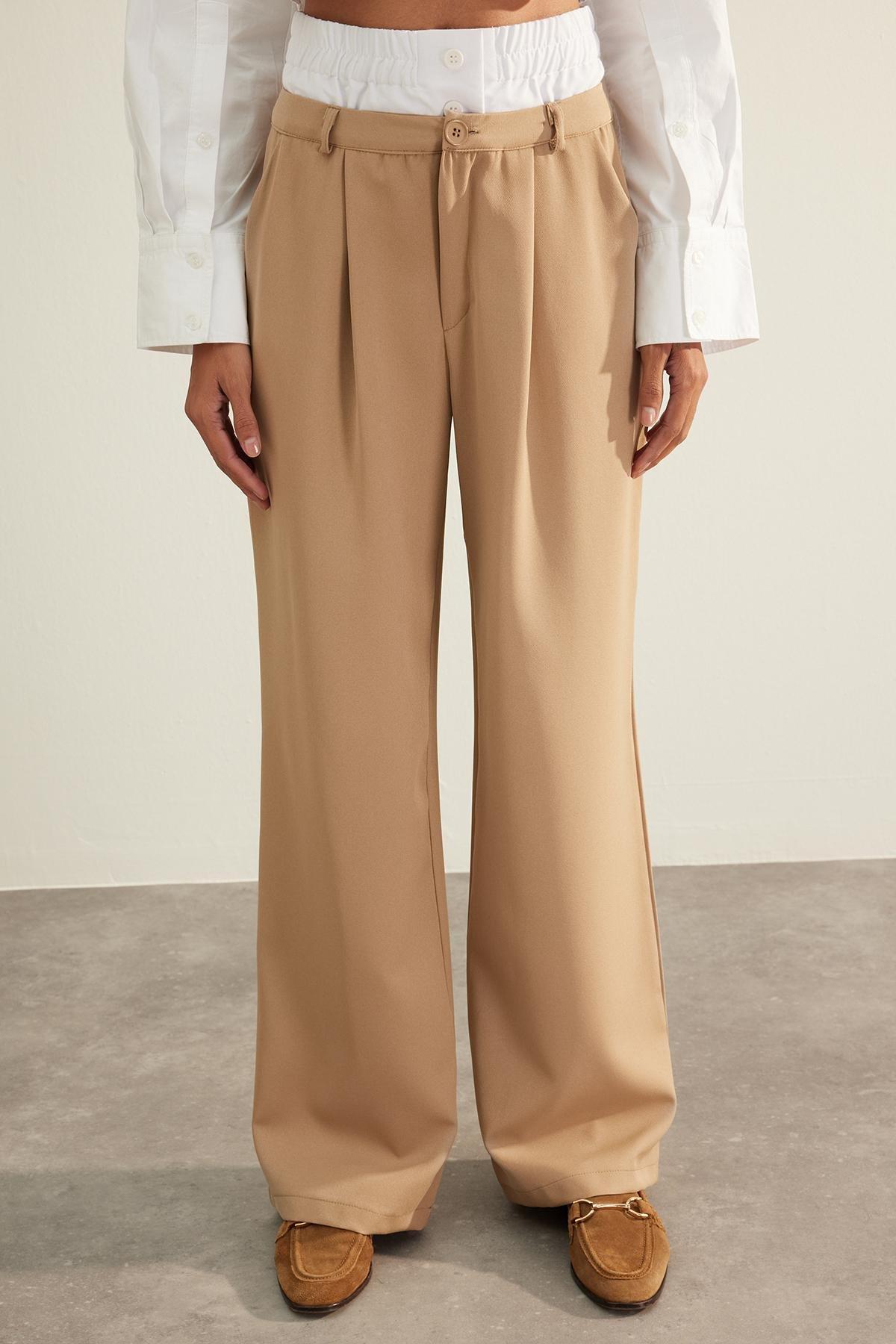 Trendyol - Beige Double Belted Knitted Trousers