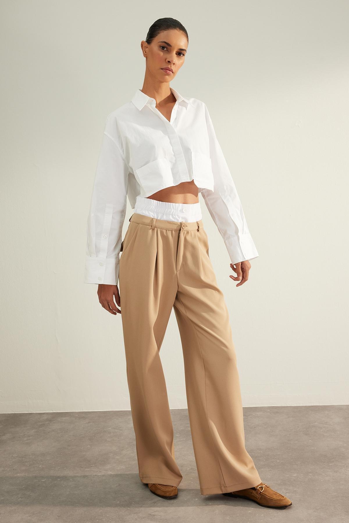 Beige Double Belted Knitted Trousers, , large image number 1