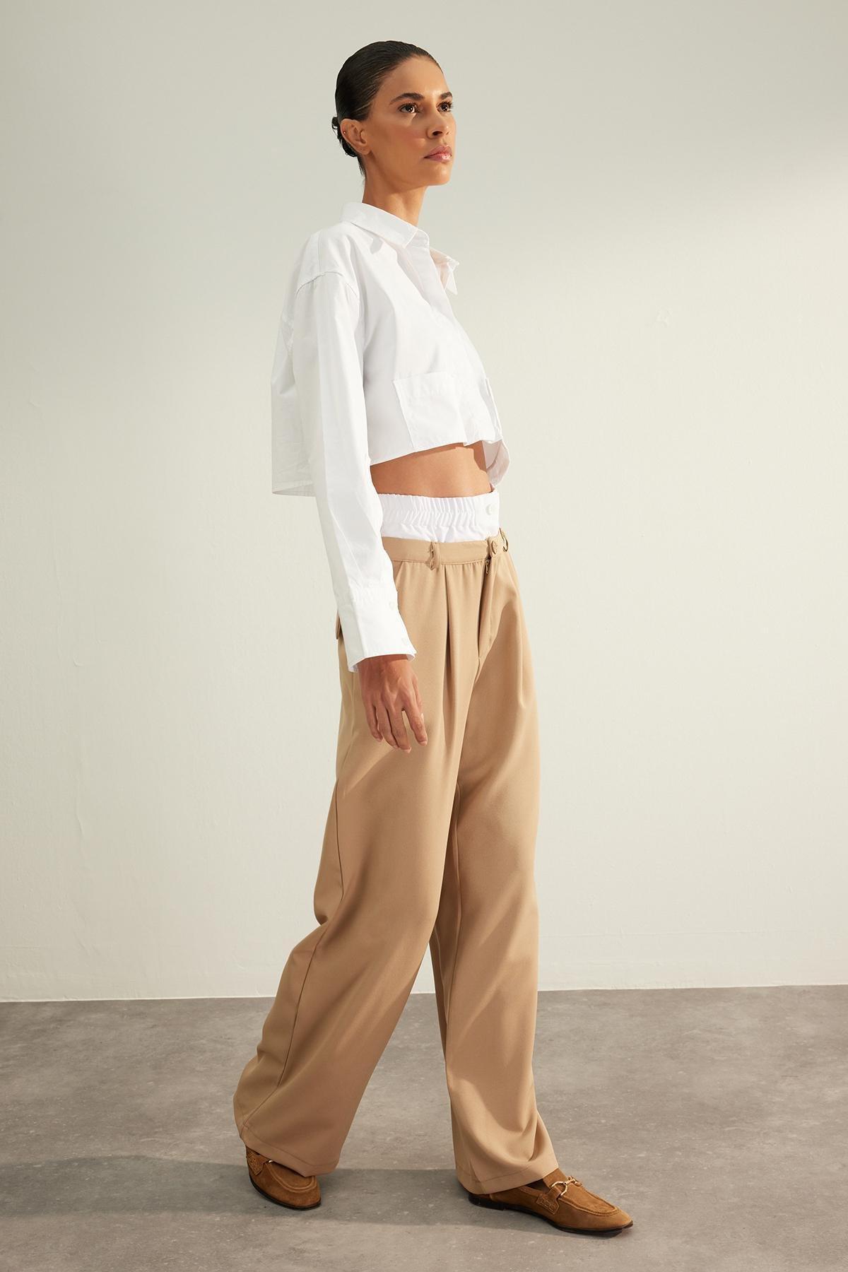 Trendyol - Beige Double Belted Knitted Trousers