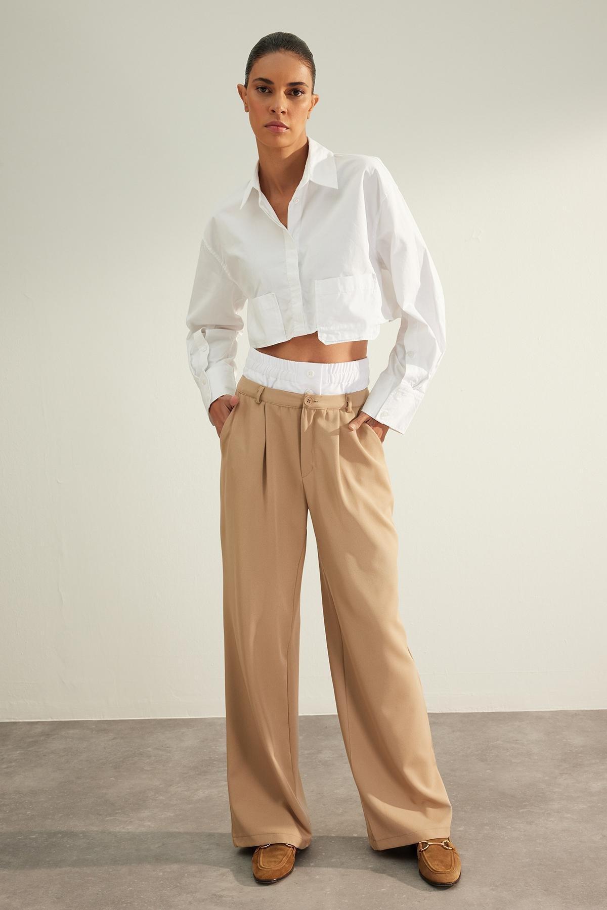 Trendyol - Beige Double Belted Knitted Trousers