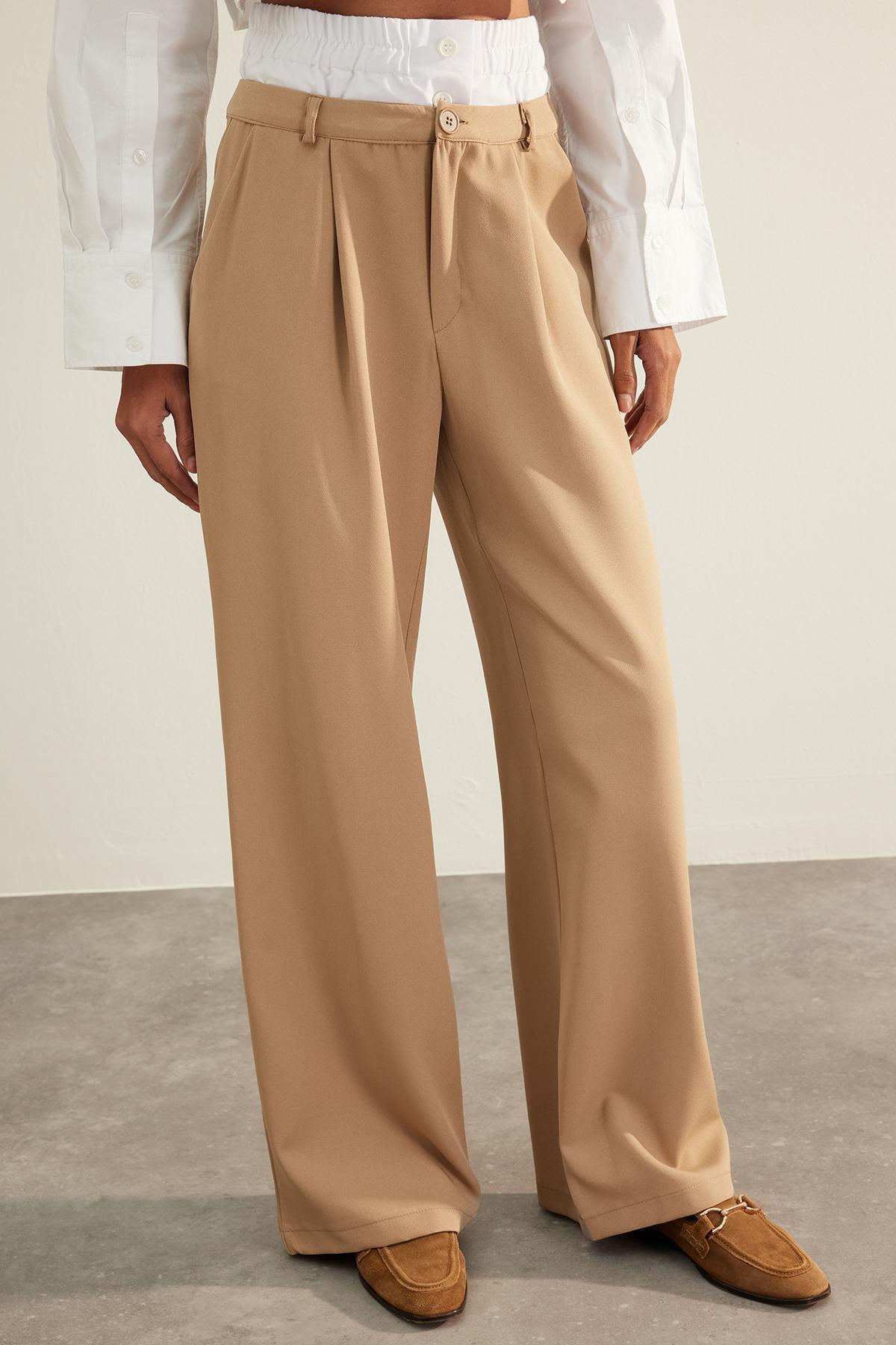 Trendyol - Beige Double Belted Knitted Trousers