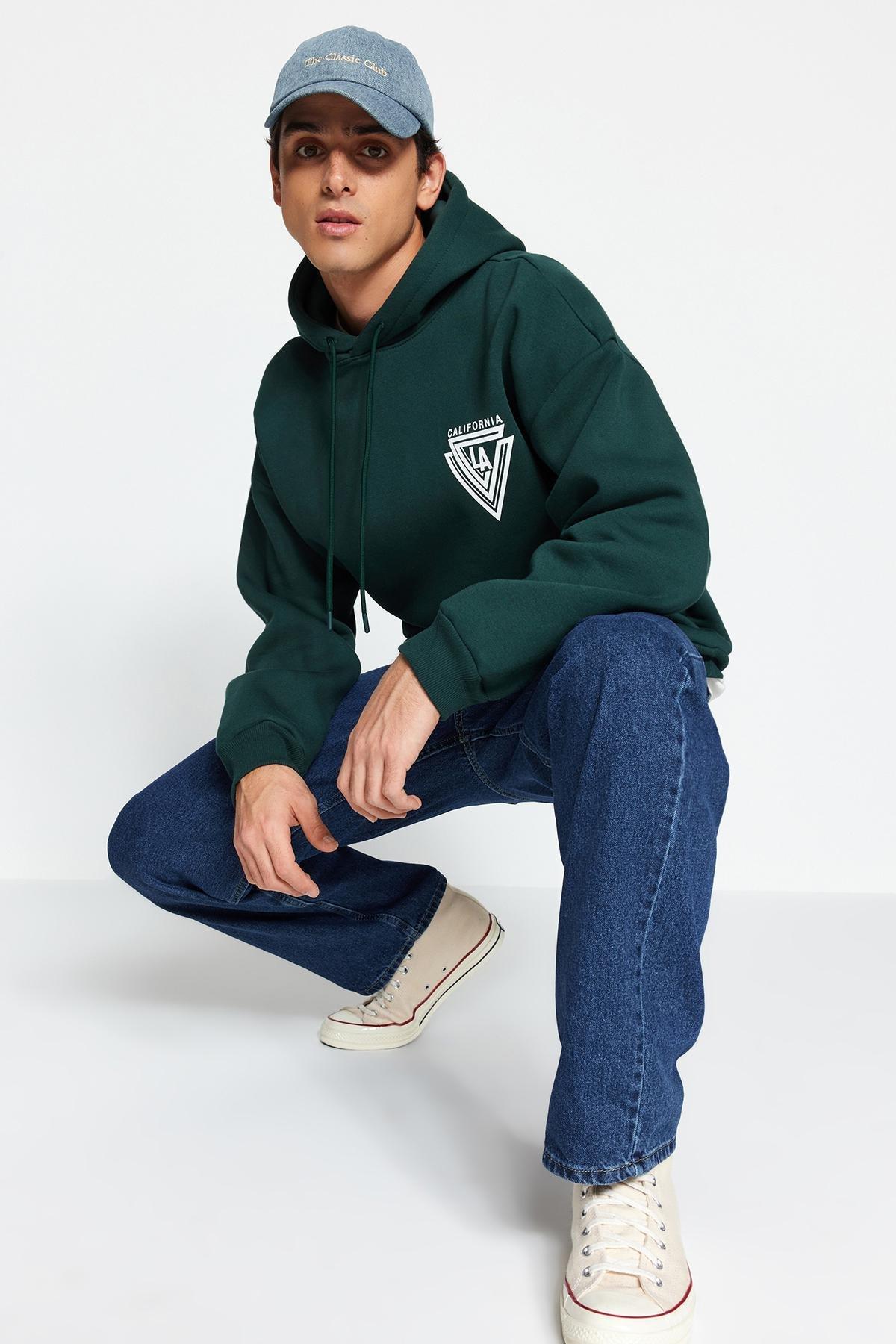 Green Oversized Embossed Printed Hoodie, , large image number 1