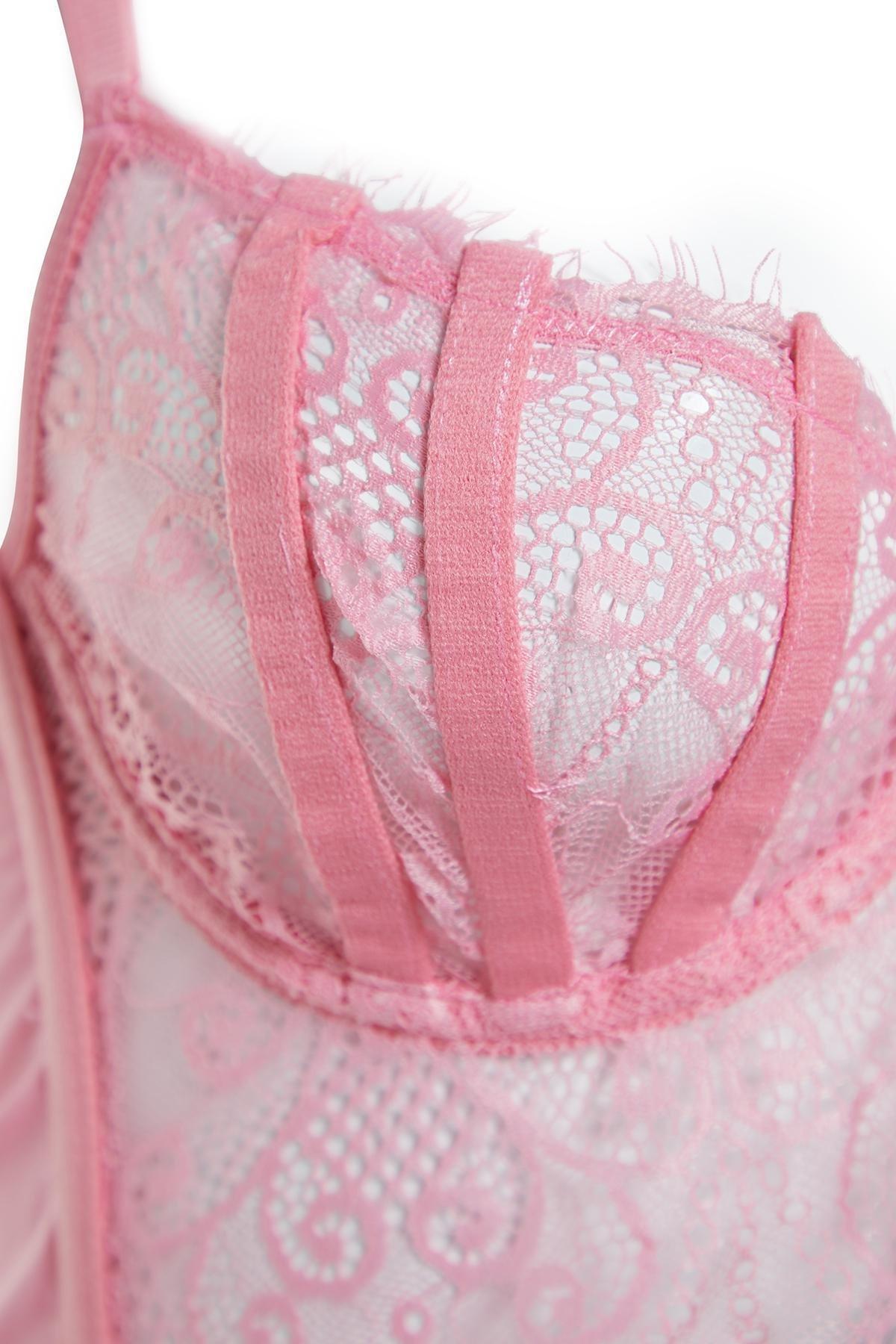 Pink Lace Detailed Capless Knitted Lingerie Set, Pink, large image number 5