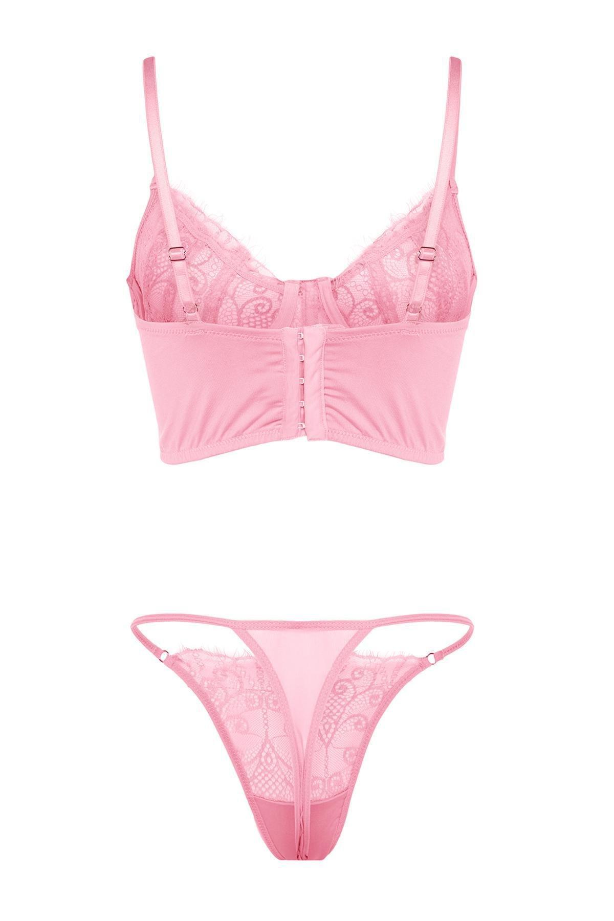 Pink Lace Detailed Capless Knitted Lingerie Set, Pink, large image number 6
