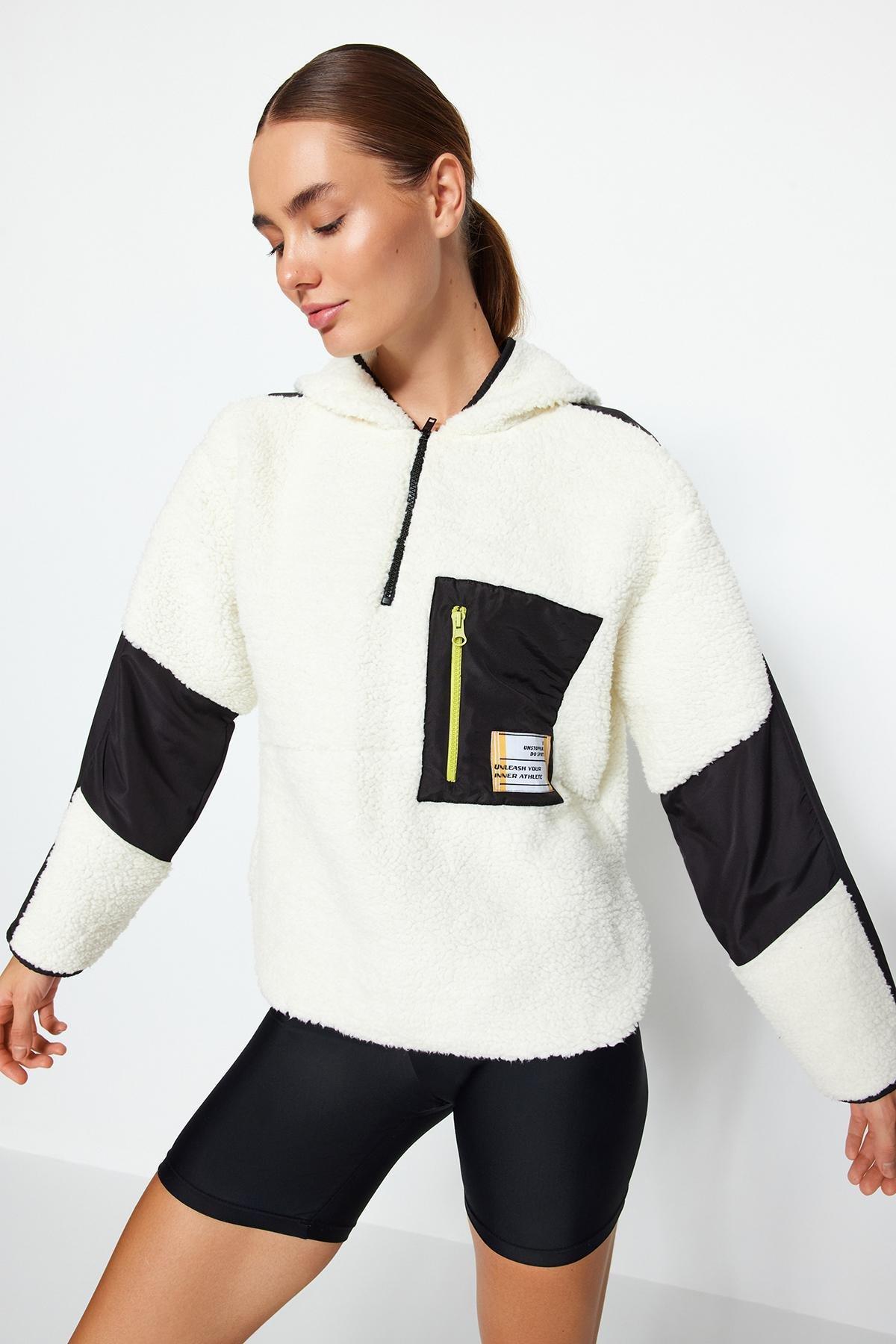 Cream Colour Block Wide Fit Sports Sweatshirt, , large image number 1