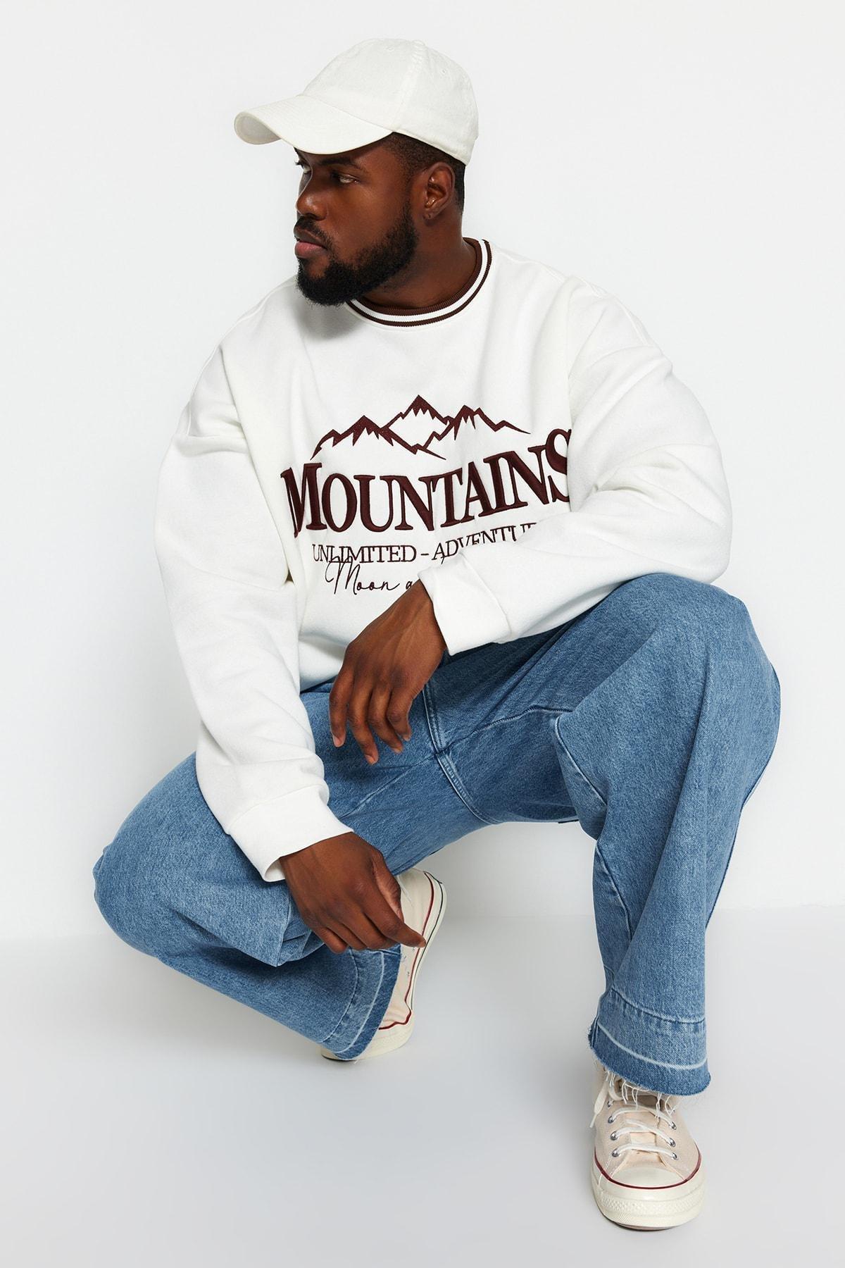 Cream Oversized Embroidered Collar Sweatshirt, Ecru, large image number 0