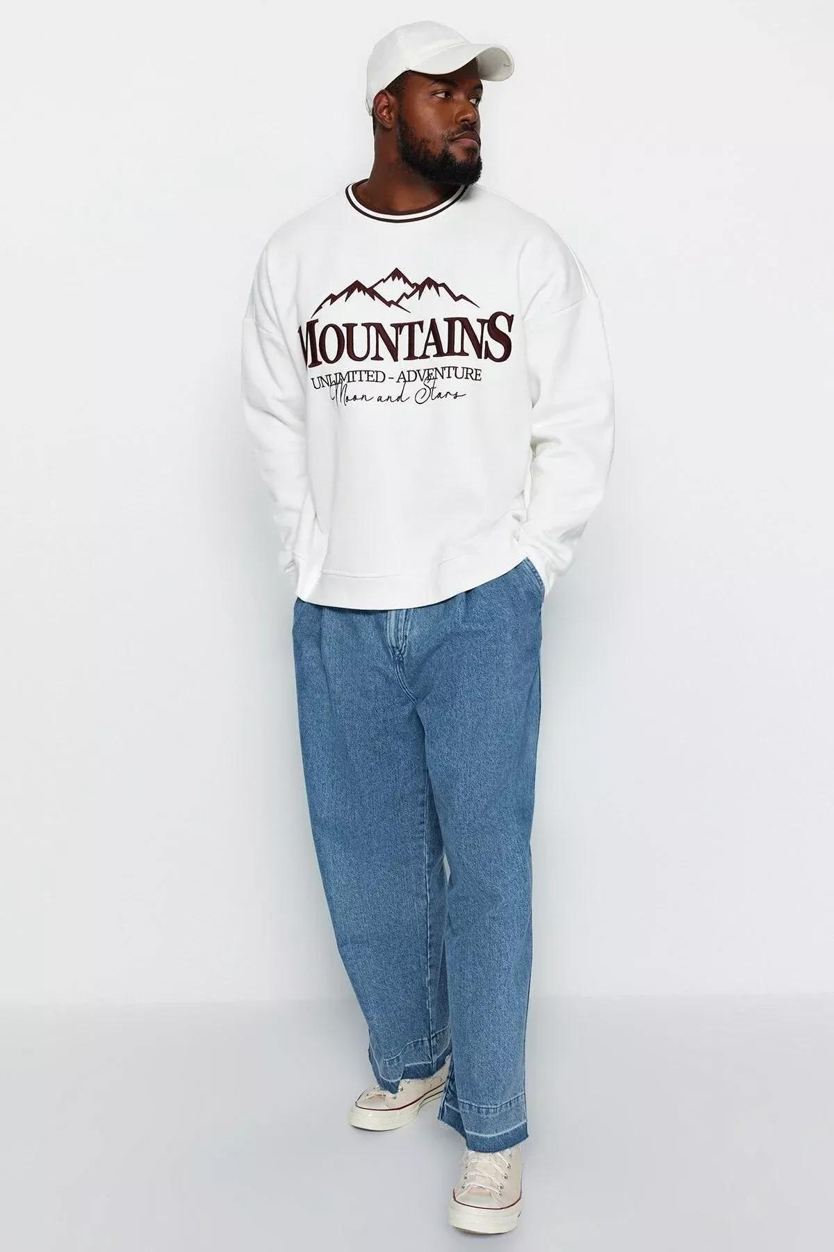 Cream Oversized Embroidered Collar Sweatshirt, Ecru, large image number 2