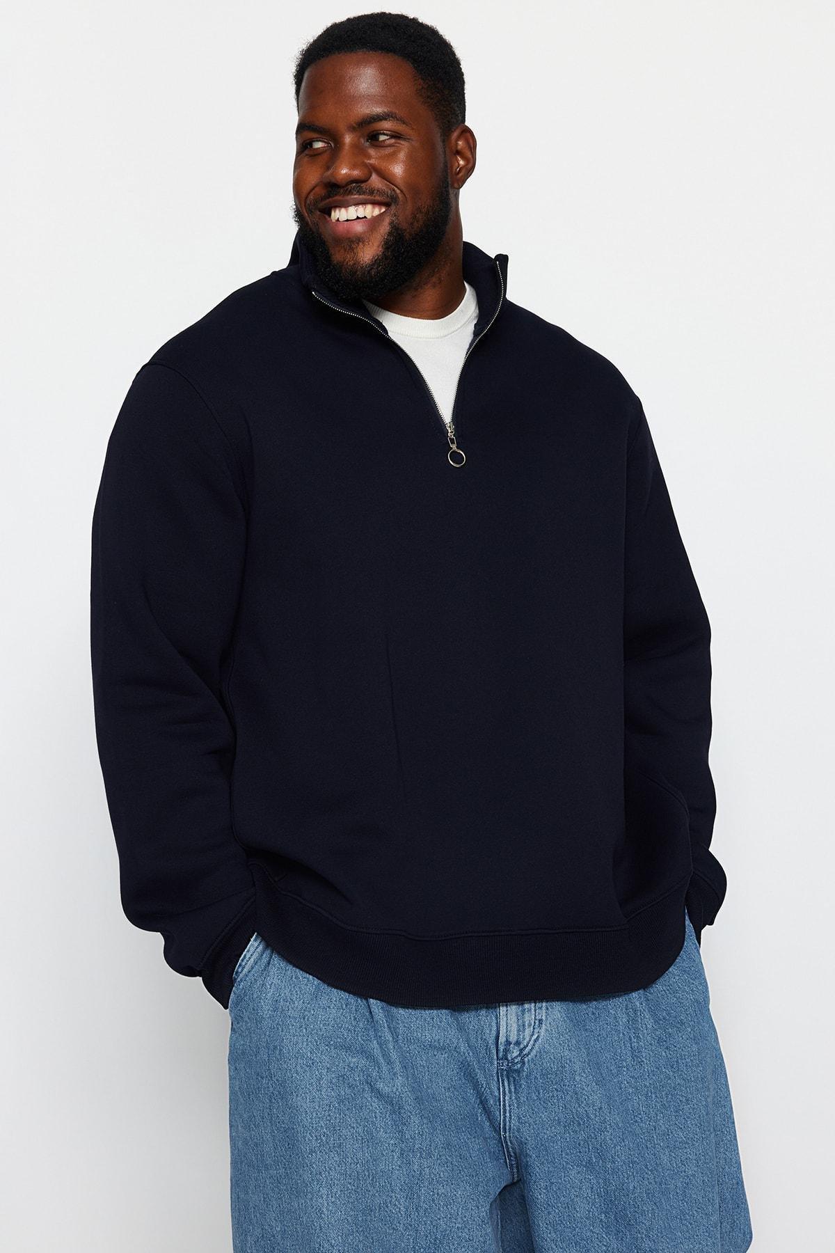 Trendyol - Navy Plus Size Zipper Fleece Sweatshirt