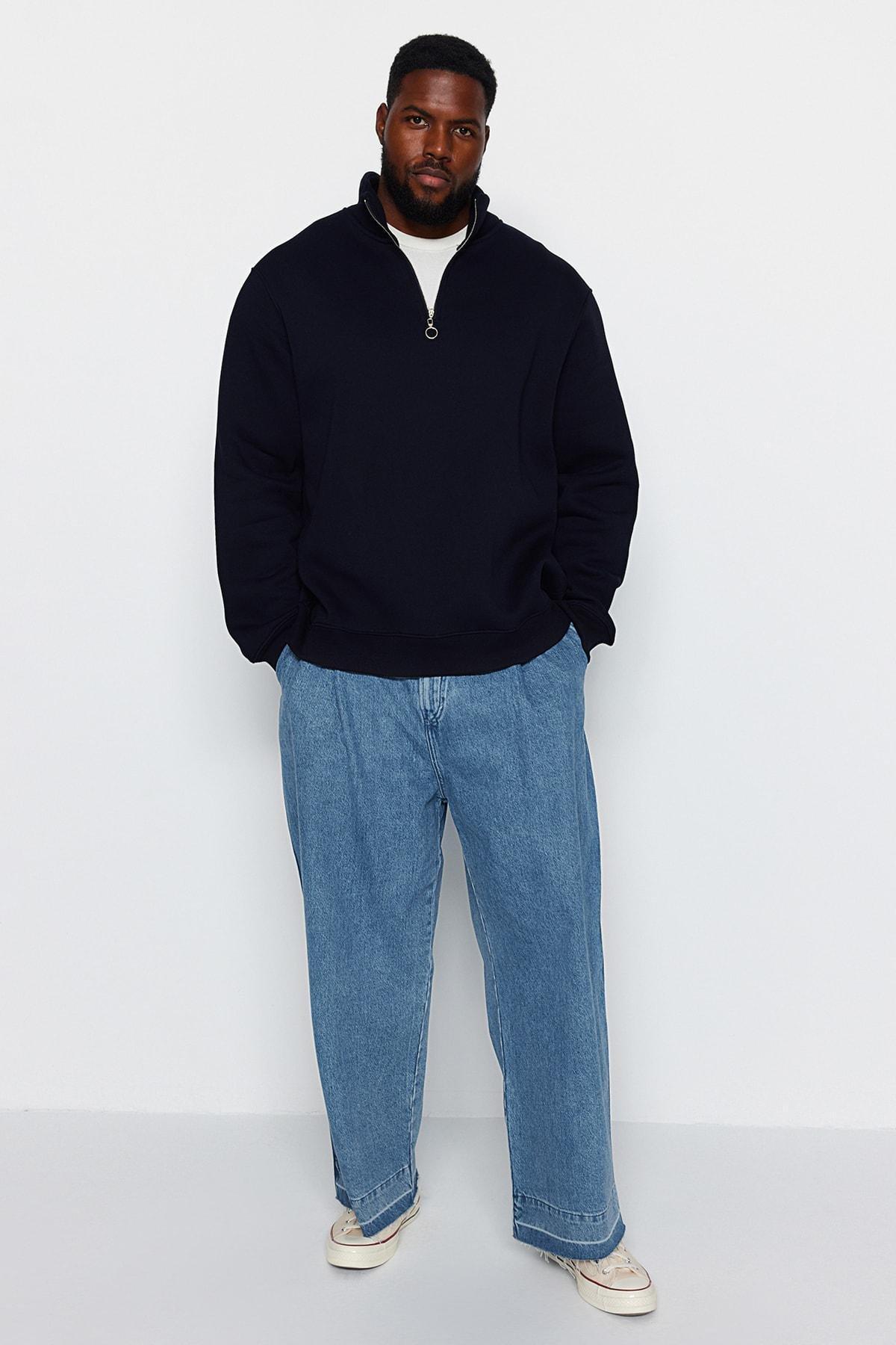 Trendyol - Navy Plus Size Zipper Fleece Sweatshirt