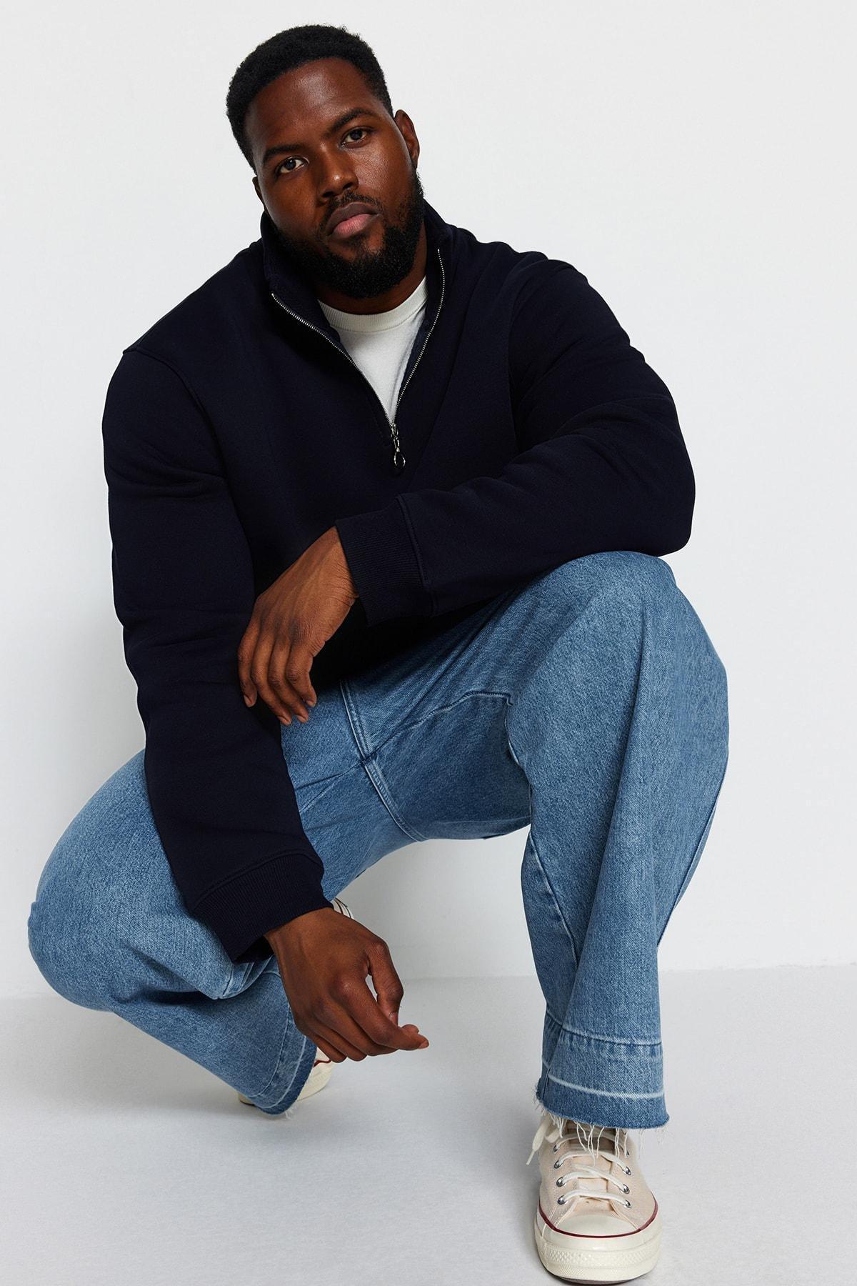 Navy Plus Size Zipper Fleece Sweatshirt, , large image number 2