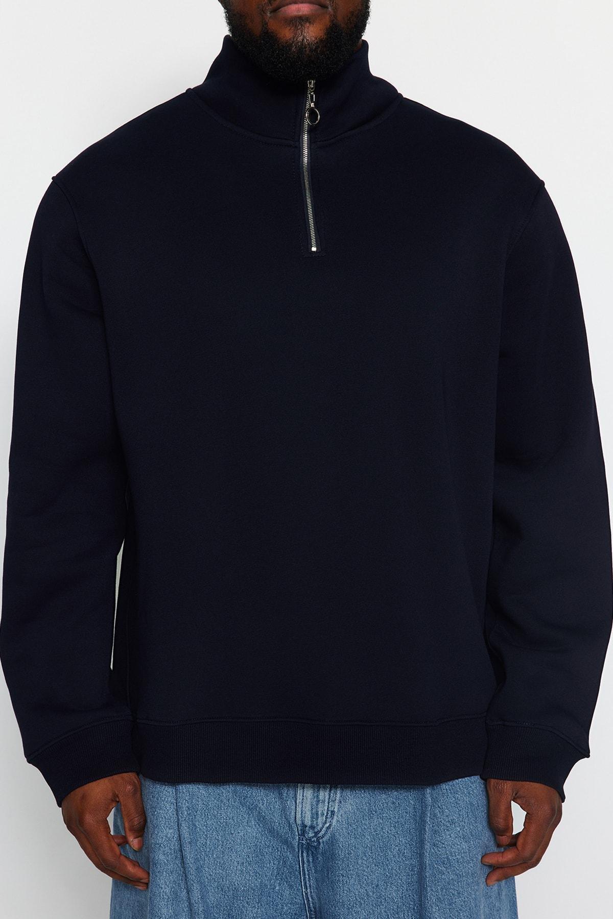 Trendyol - Navy Plus Size Zipper Fleece Sweatshirt