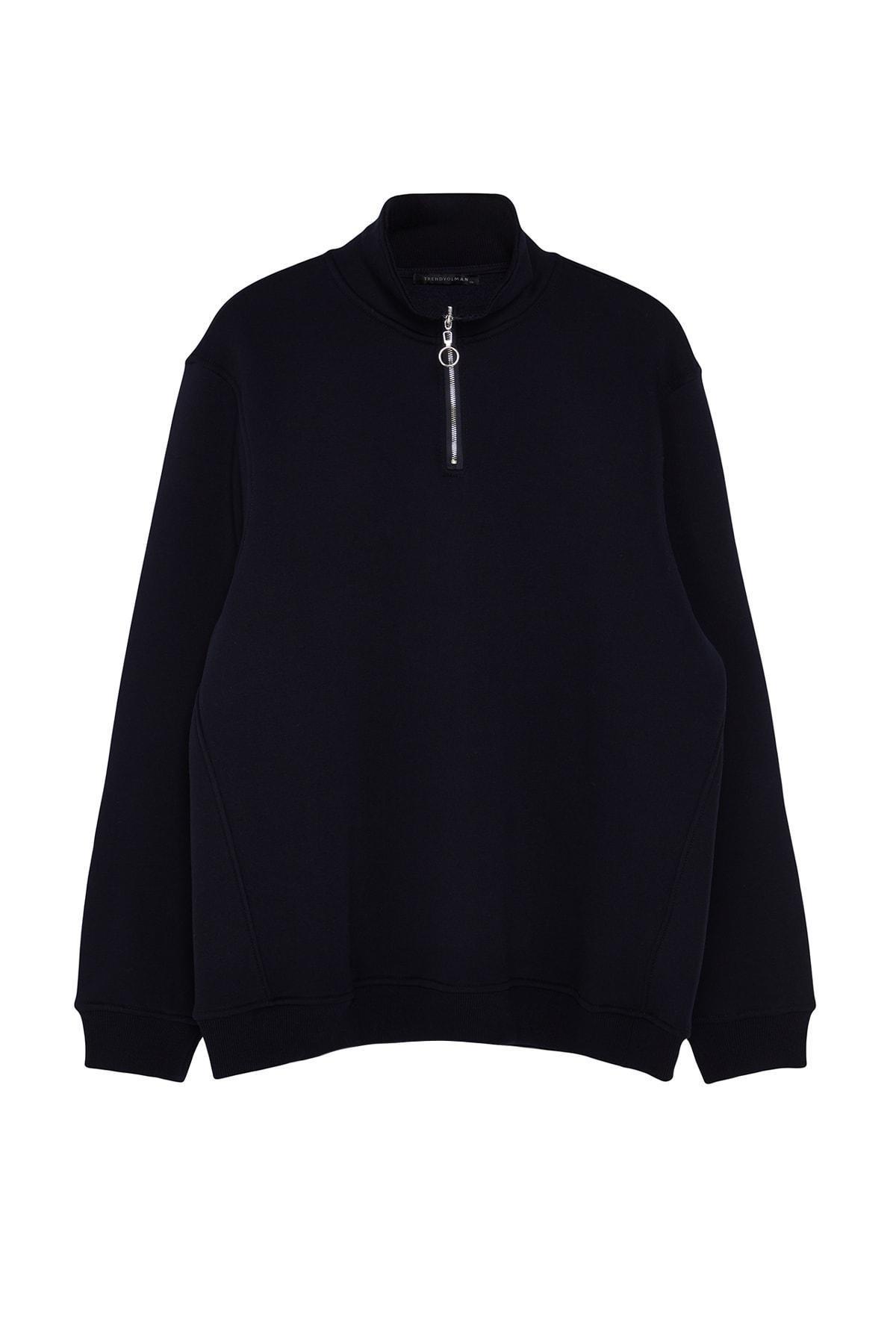 Trendyol - Navy Plus Size Zipper Fleece Sweatshirt