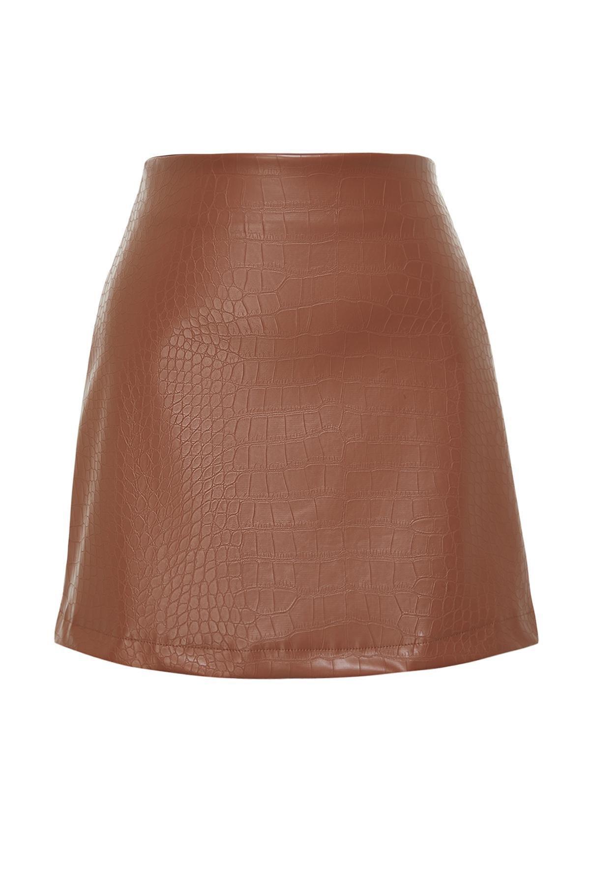 Trendyol - Brown Faux Leather Mini Woven Skirt