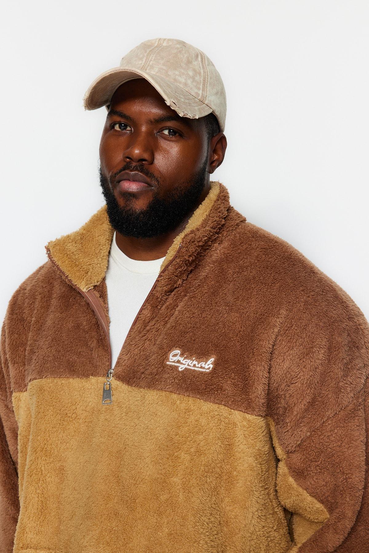 Beige Oversized Zippered Fleece Sweatshirt, CAMEL, large image number 2