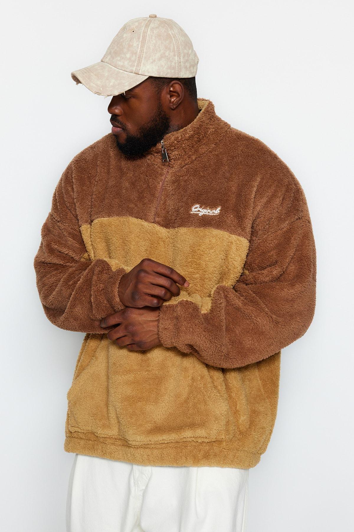 Beige Oversized Zippered Fleece Sweatshirt, CAMEL, large image number 3