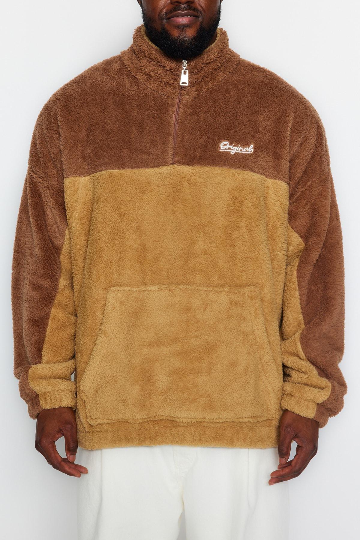 Beige Oversized Zippered Fleece Sweatshirt, CAMEL, large image number 4