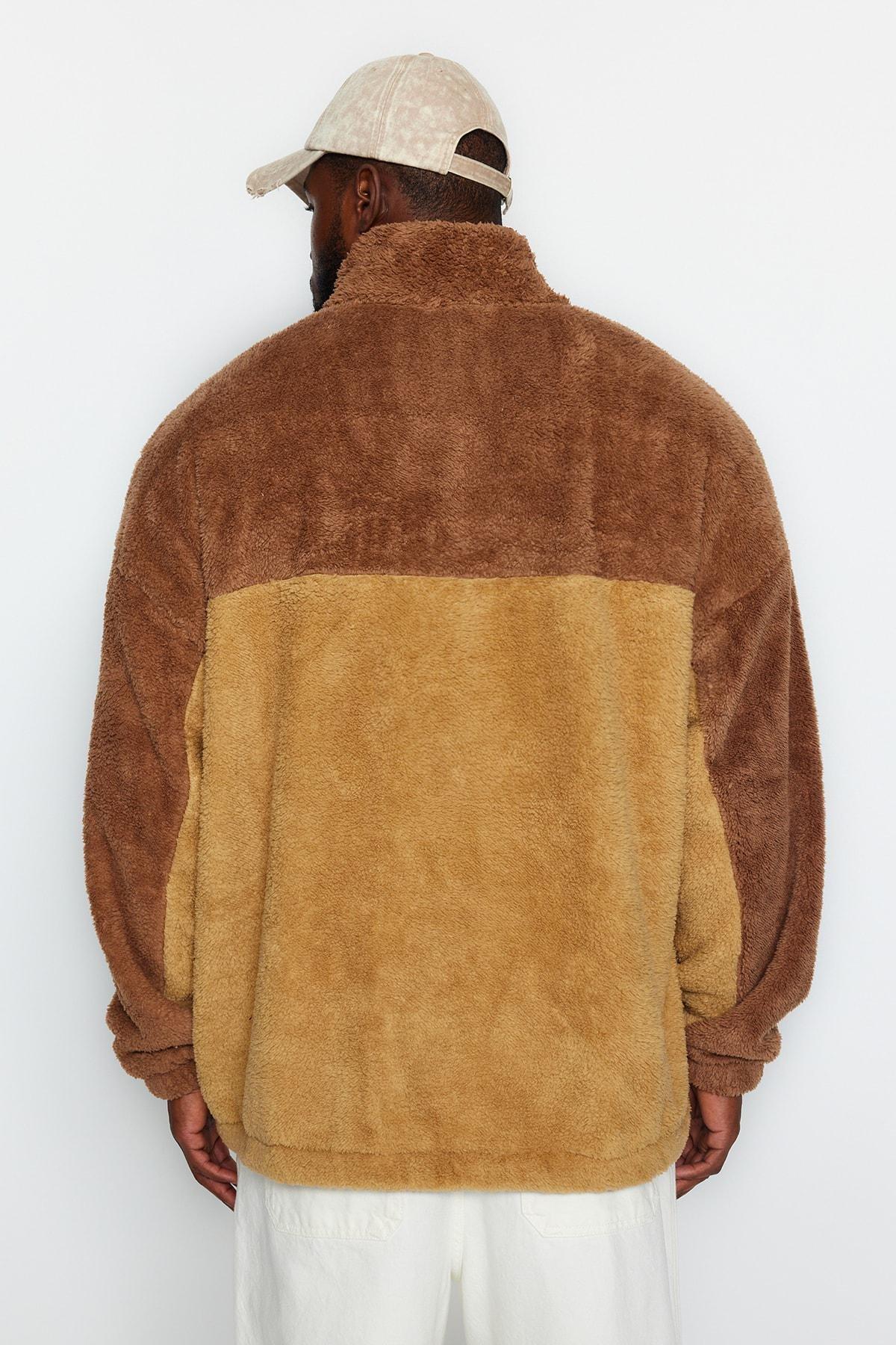 Beige Oversized Zippered Fleece Sweatshirt, CAMEL, large image number 5