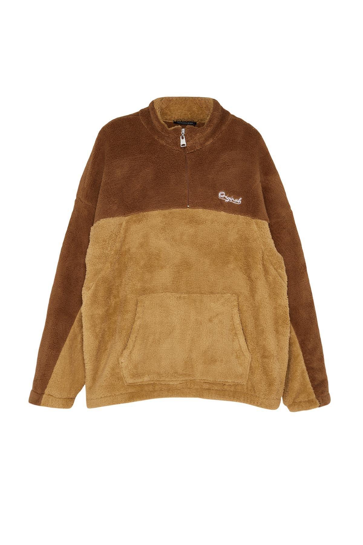 Beige Oversized Zippered Fleece Sweatshirt, CAMEL, large image number 6