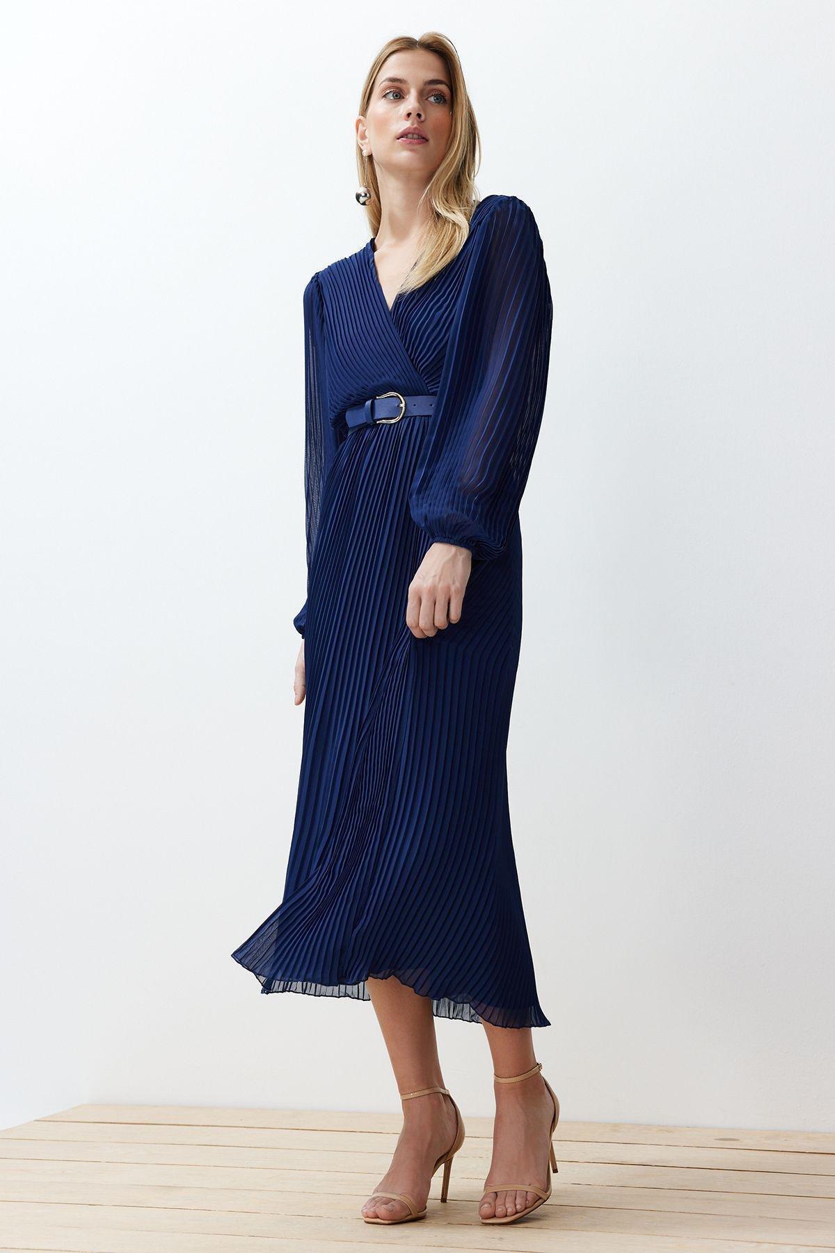 Navy Belted A-Line Pleated Maxi Dress, , large image number 0