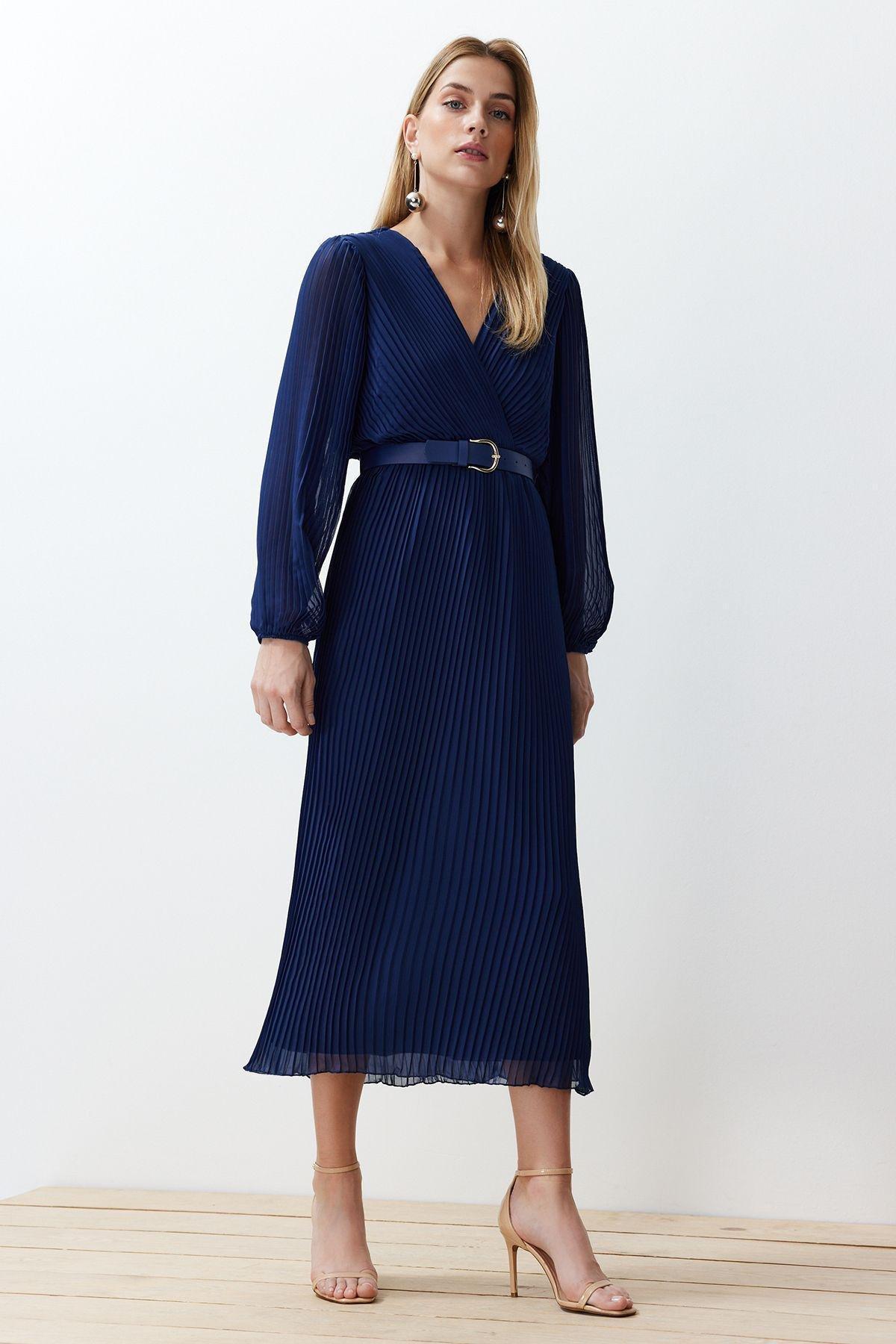 Navy Belted A-Line Pleated Maxi Dress, , large image number 2
