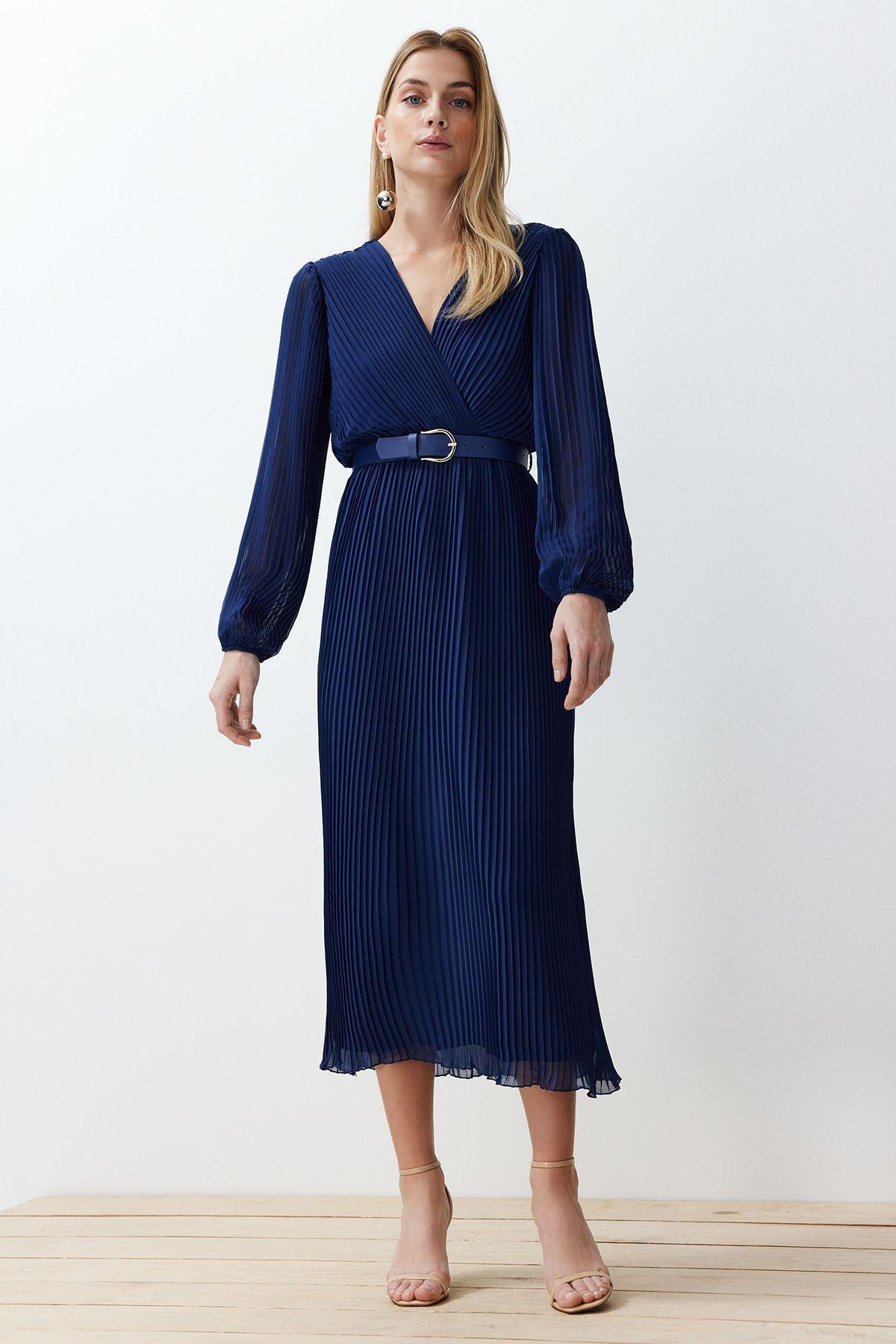 Navy Belted A-Line Pleated Maxi Dress, , large image number 3
