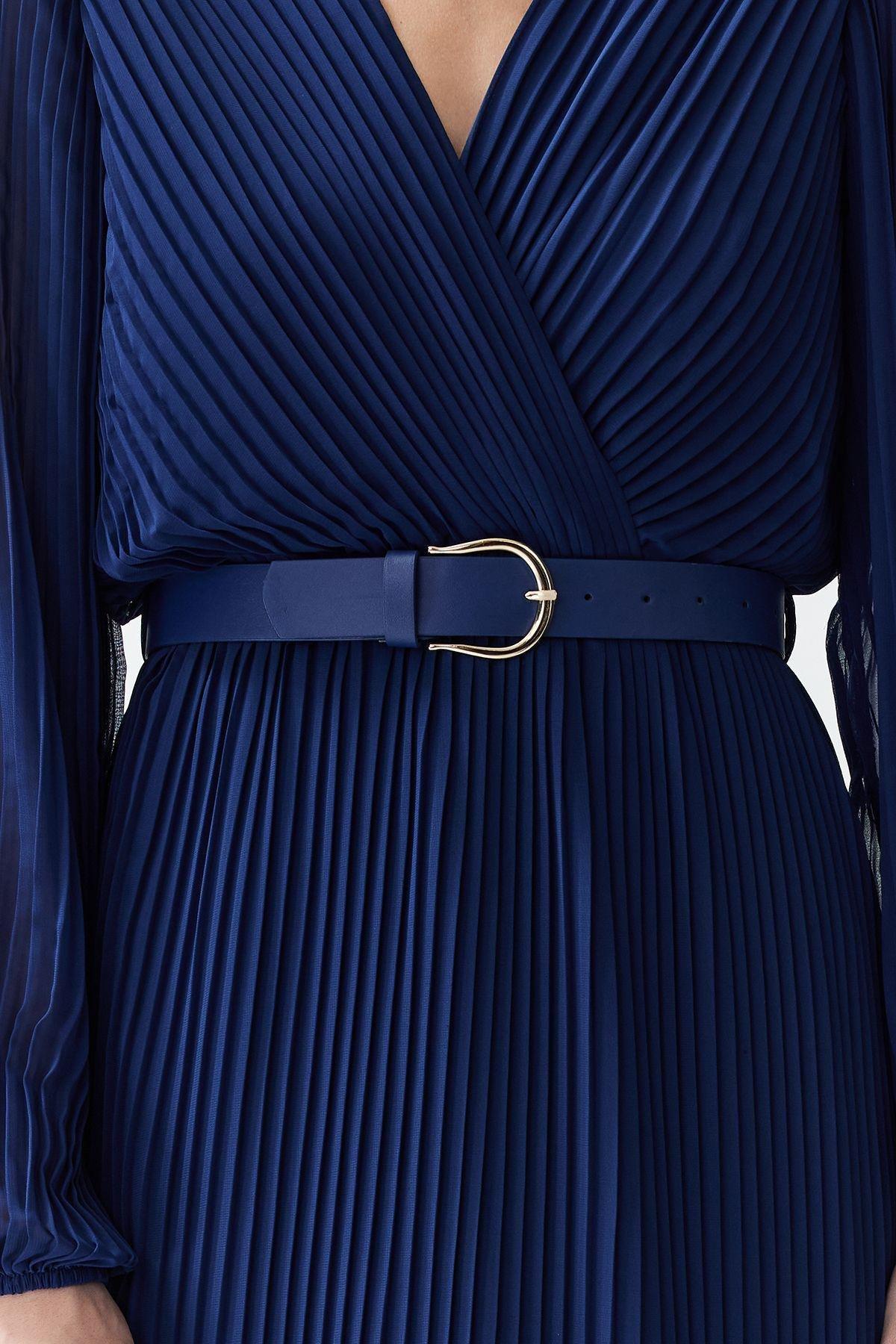 Navy Belted A-Line Pleated Maxi Dress, , large image number 4