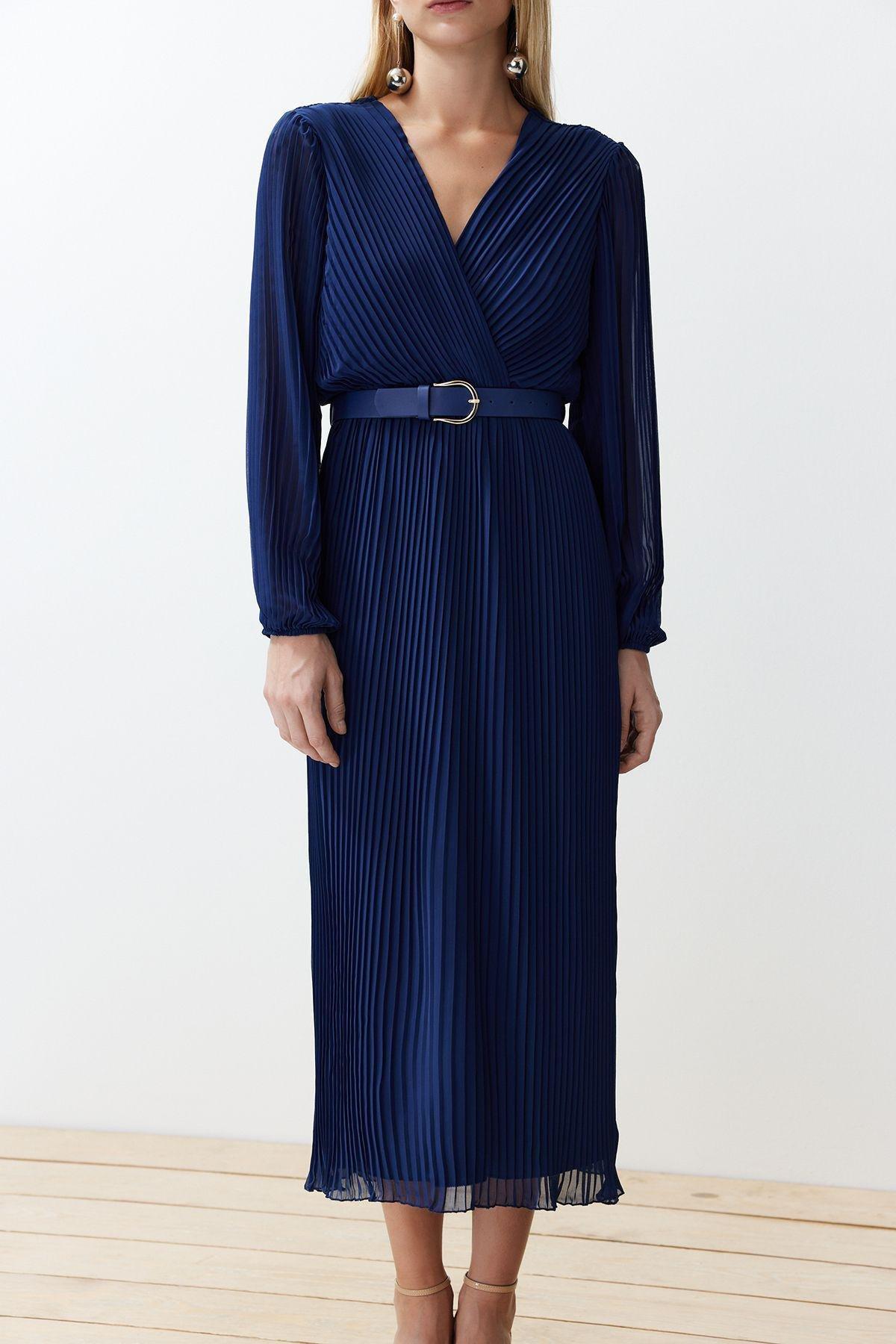 Navy Belted A-Line Pleated Maxi Dress, , large image number 5
