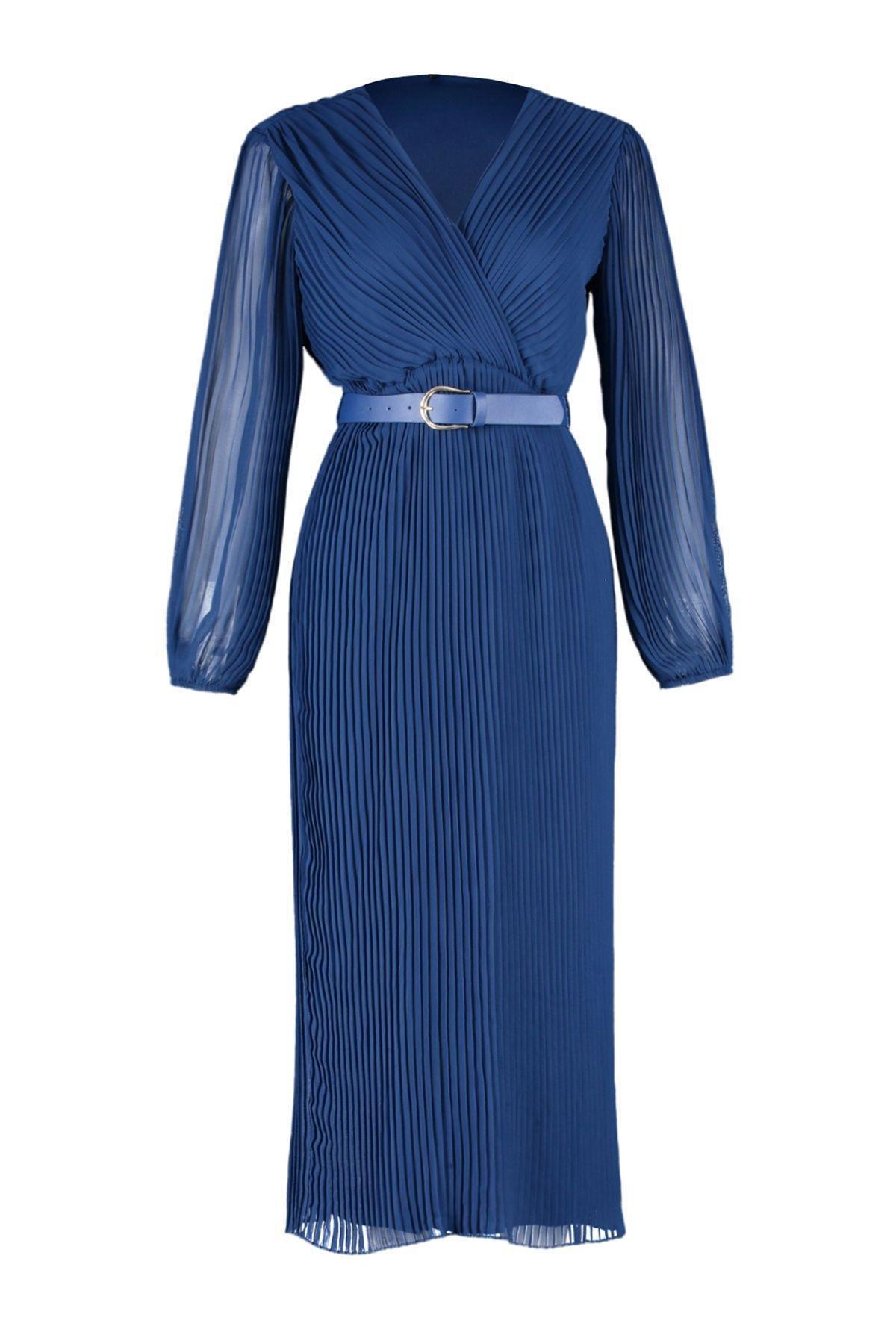 Navy Belted A-Line Pleated Maxi Dress, , large image number 6