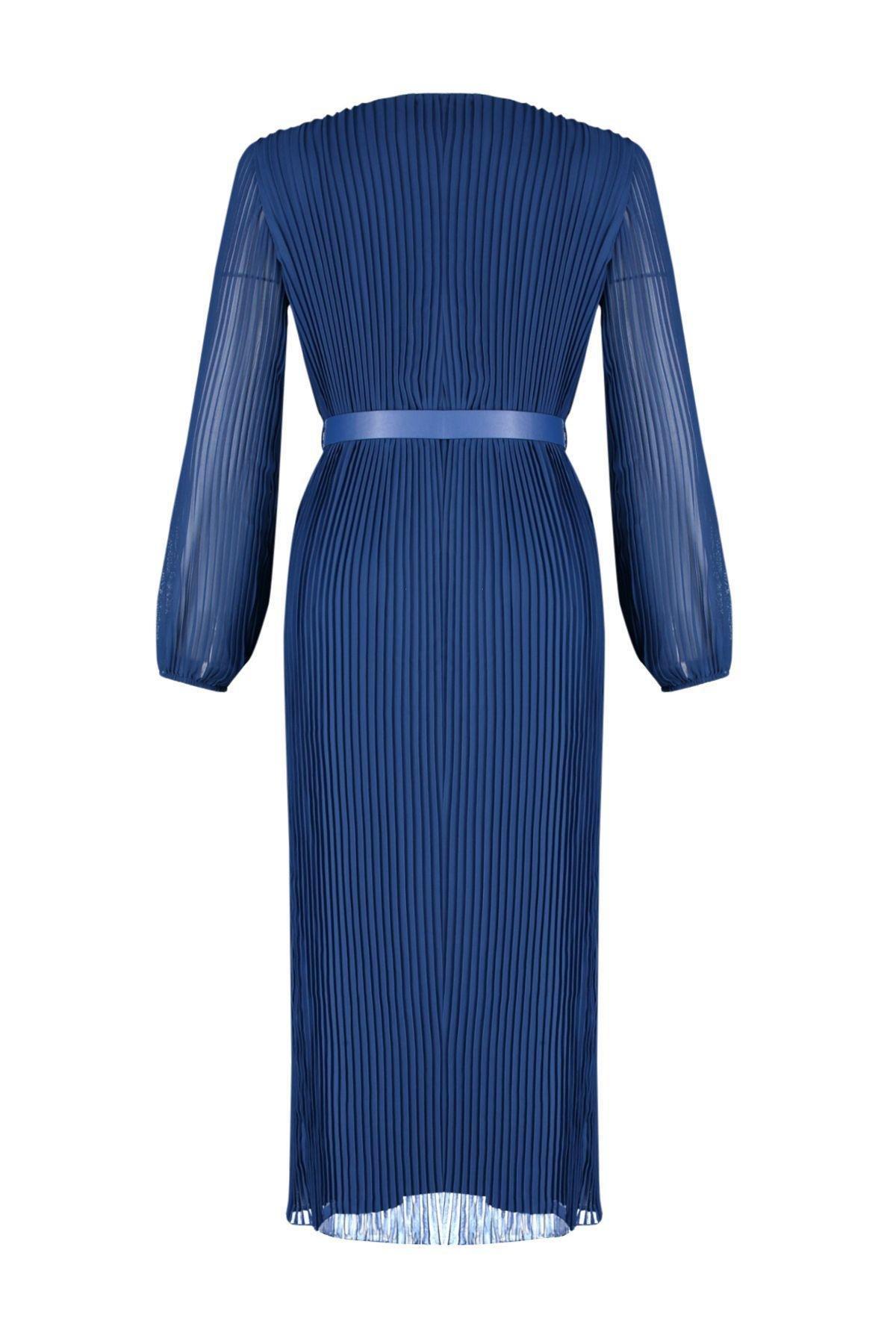 Navy Belted A-Line Pleated Maxi Dress, , large image number 7